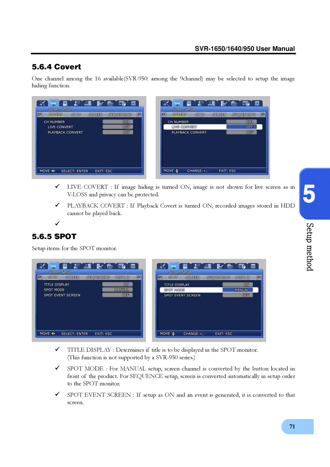 Samsung SVR-1640, SVR-950 user manual Covert, Spot 