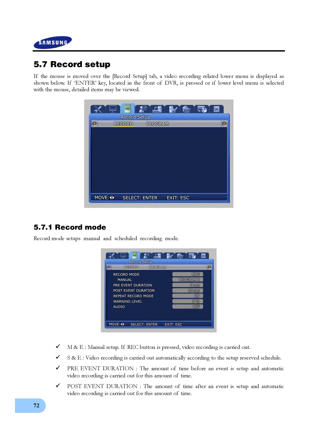 Samsung SVR-950, SVR-1640 user manual Record setup, Record mode 