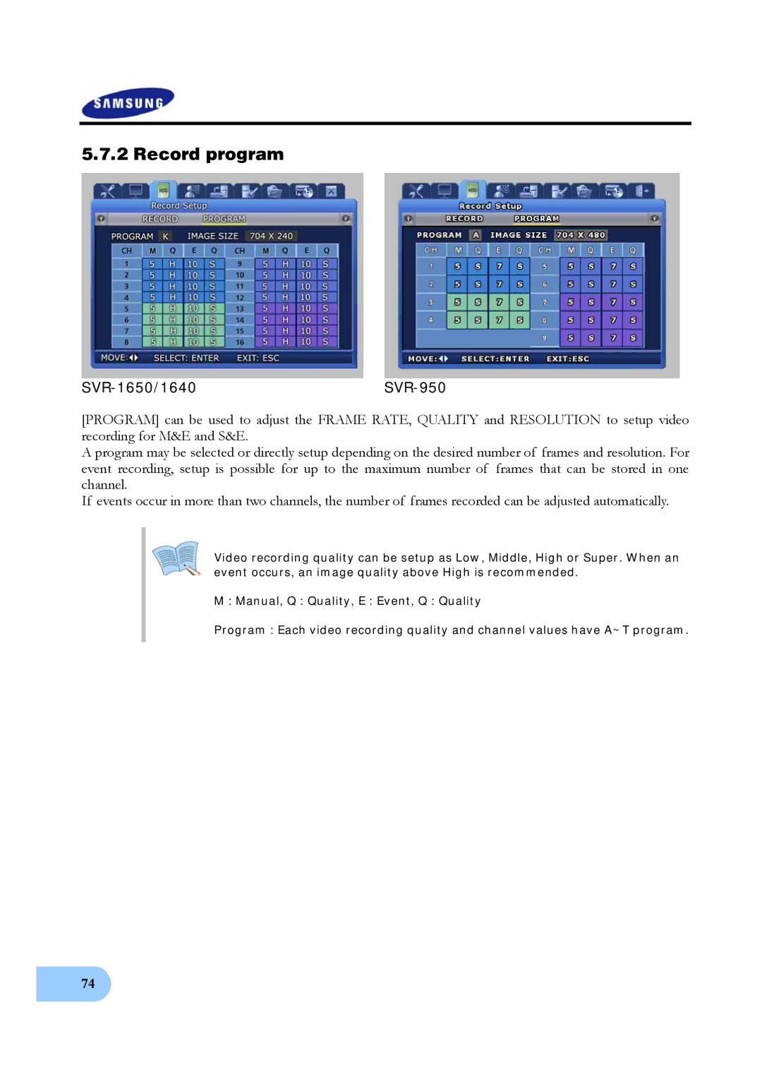 Samsung SVR-1640 user manual Record program, SVR-1650/1640SVR-950 