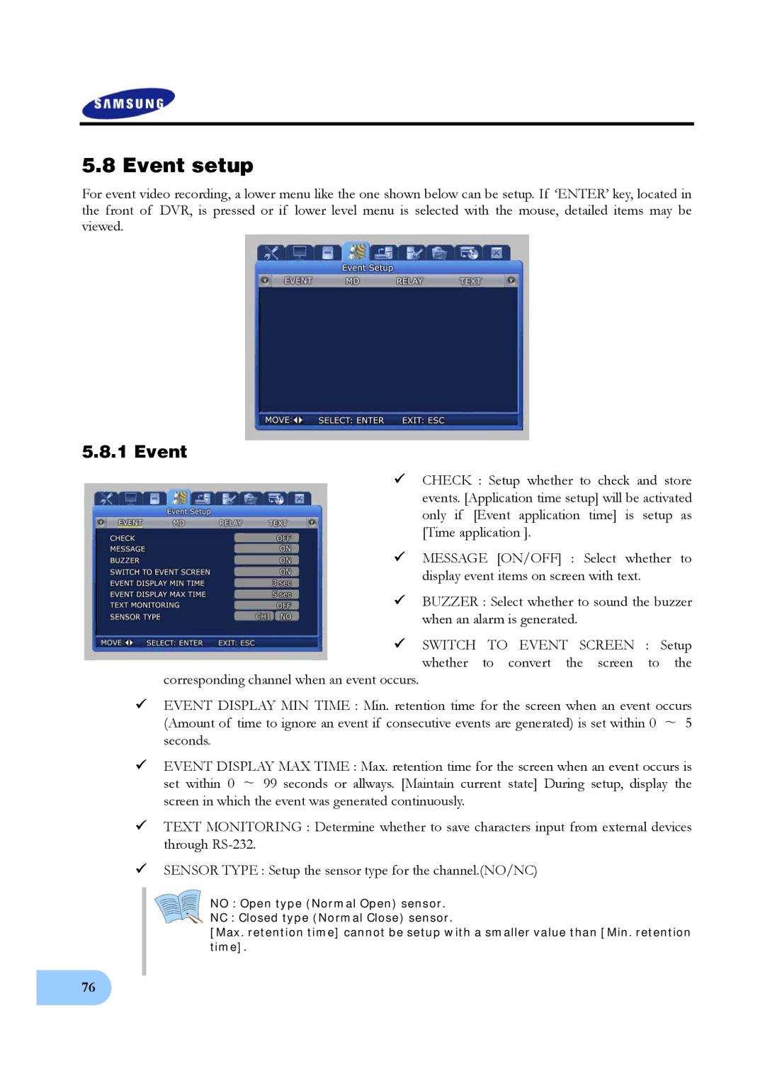 Samsung SVR-950, SVR-1640 user manual Event setup 