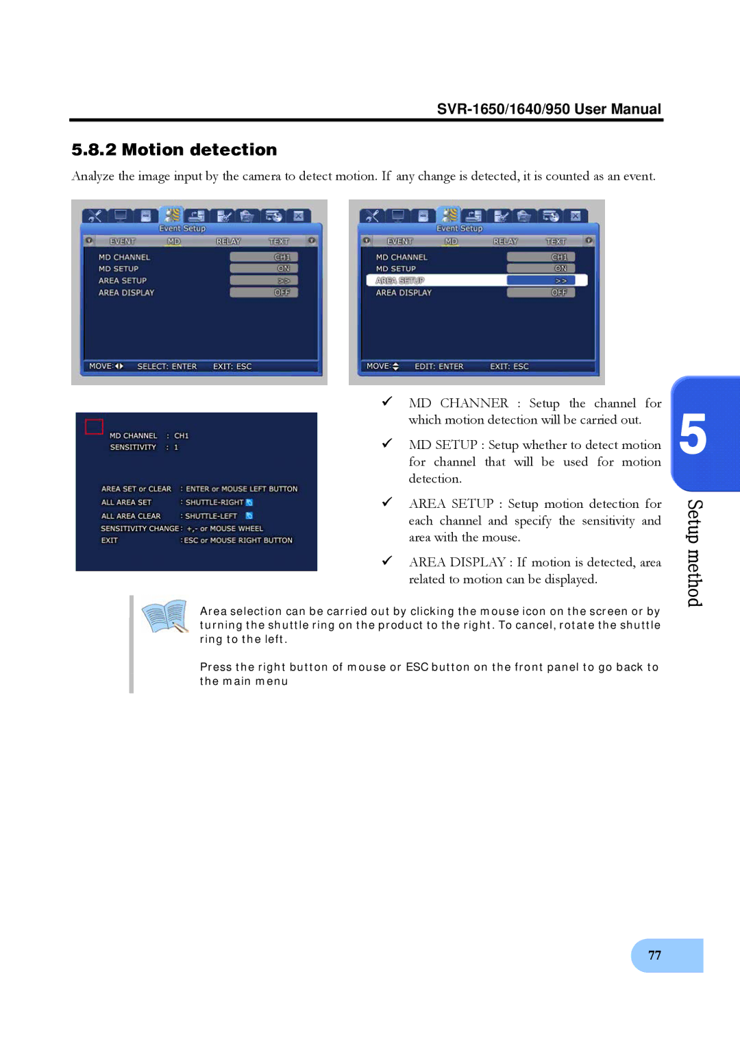 Samsung SVR-1640, SVR-950 user manual Motion detection 