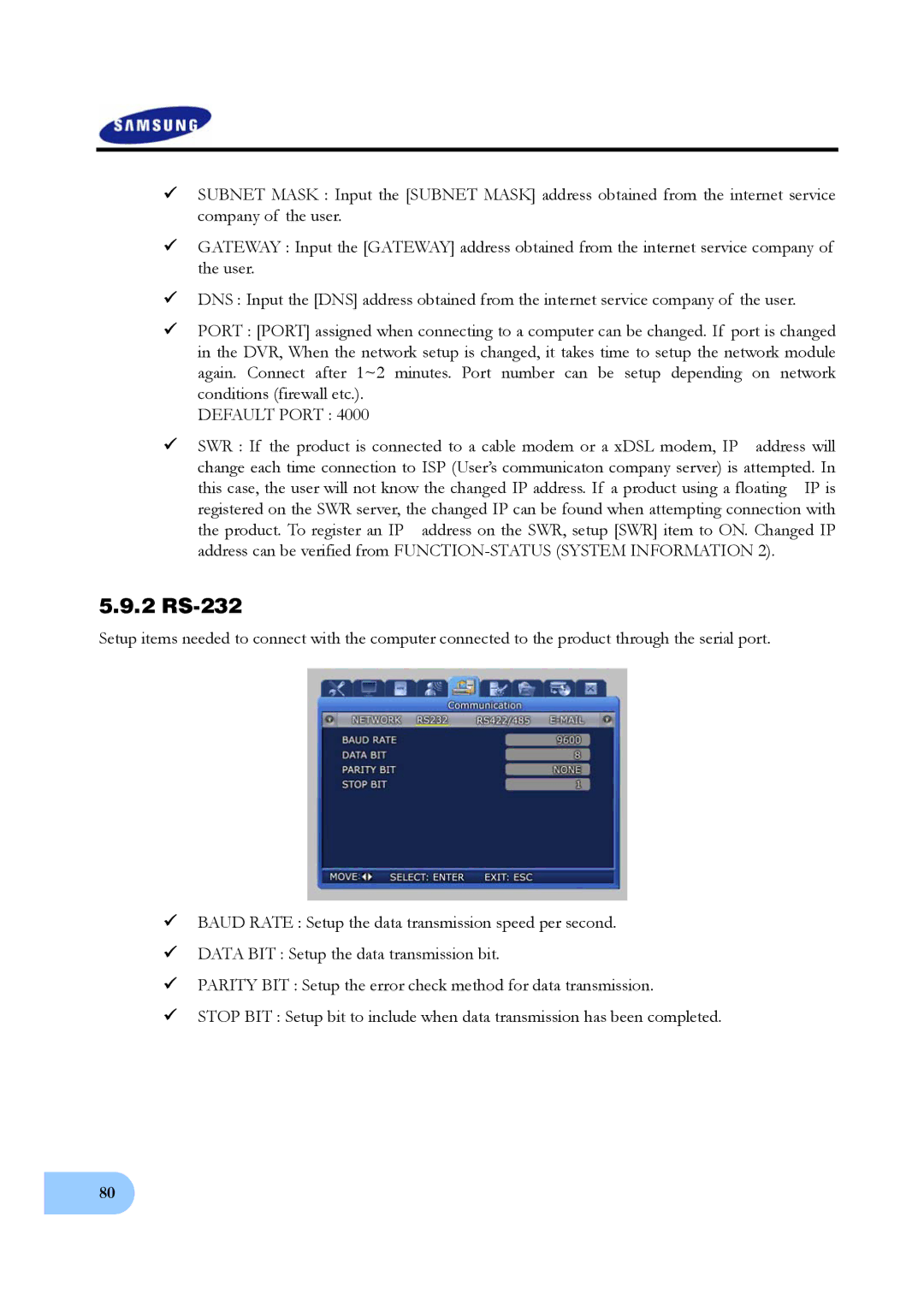 Samsung SVR-950, SVR-1640 user manual 2 RS-232, Default Port 