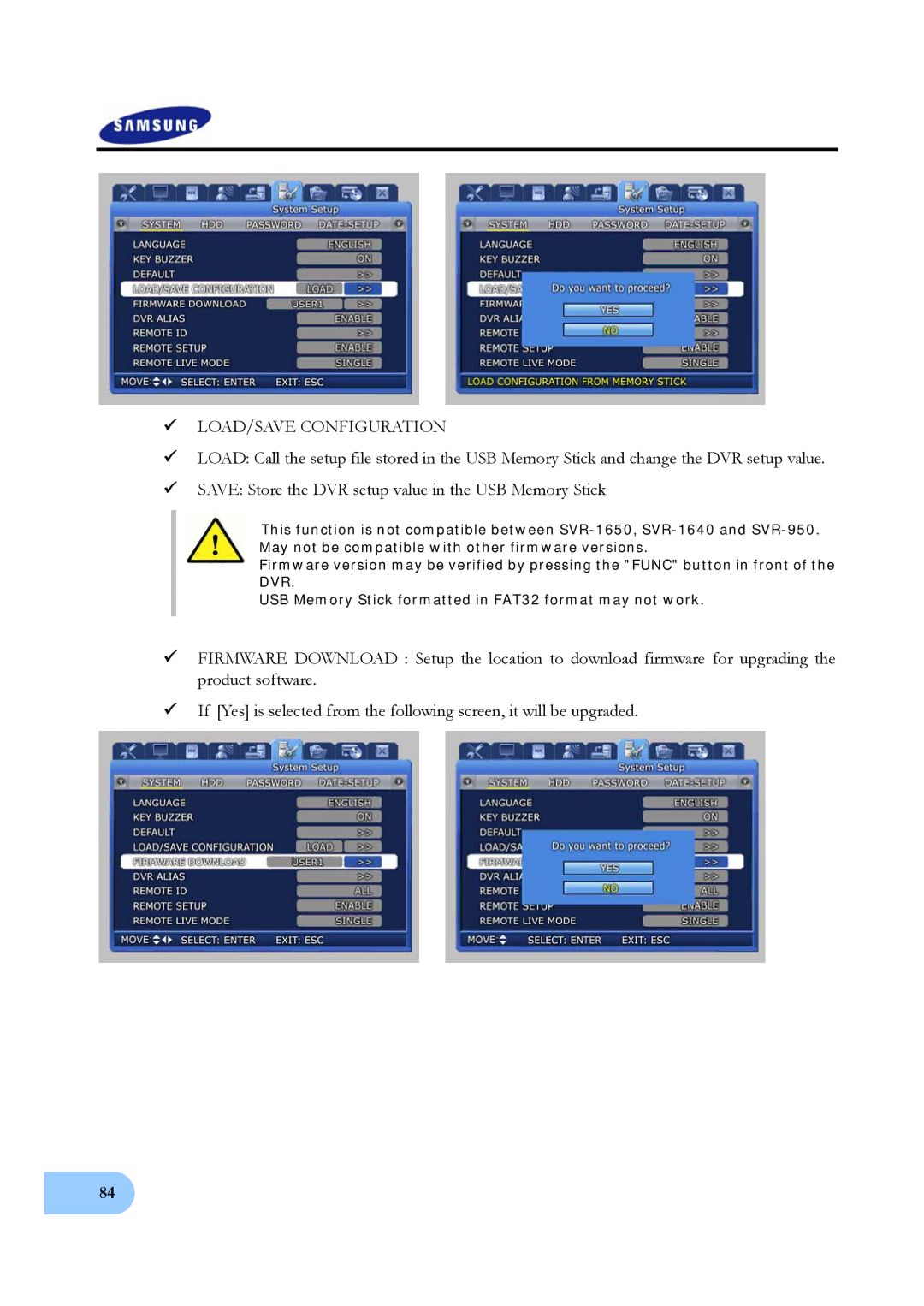 Samsung SVR-950, SVR-1640 user manual LOAD/SAVE Configuration 