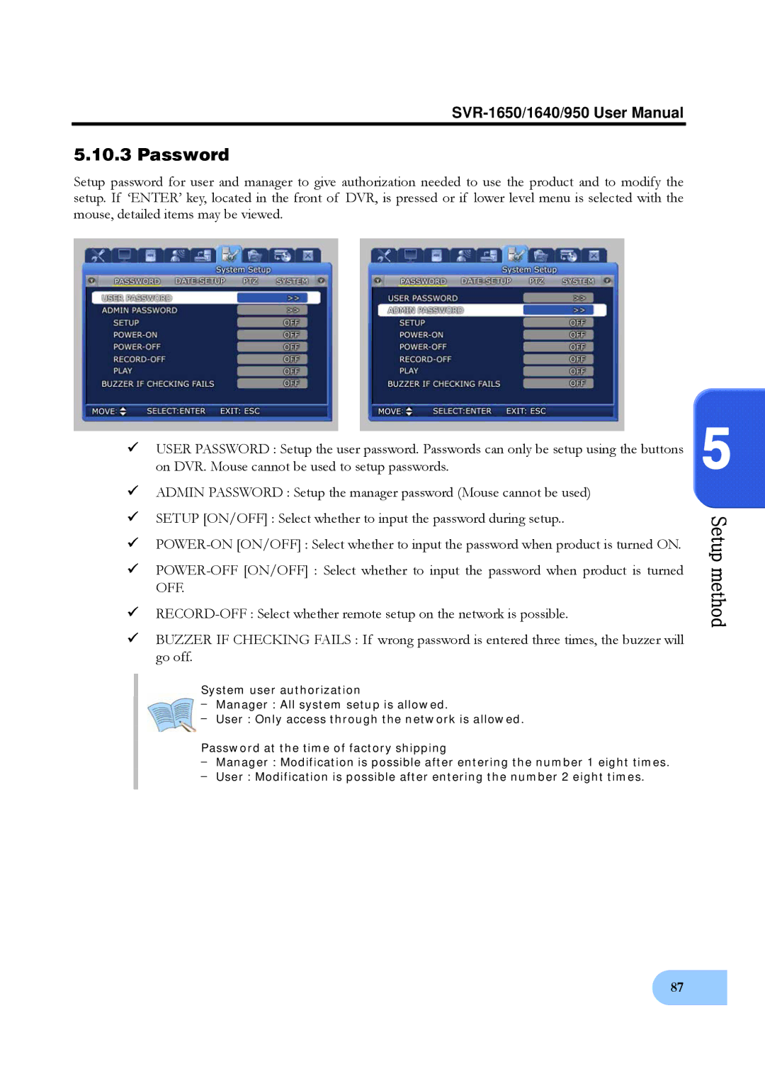 Samsung SVR-1640, SVR-950 user manual Password, Off 