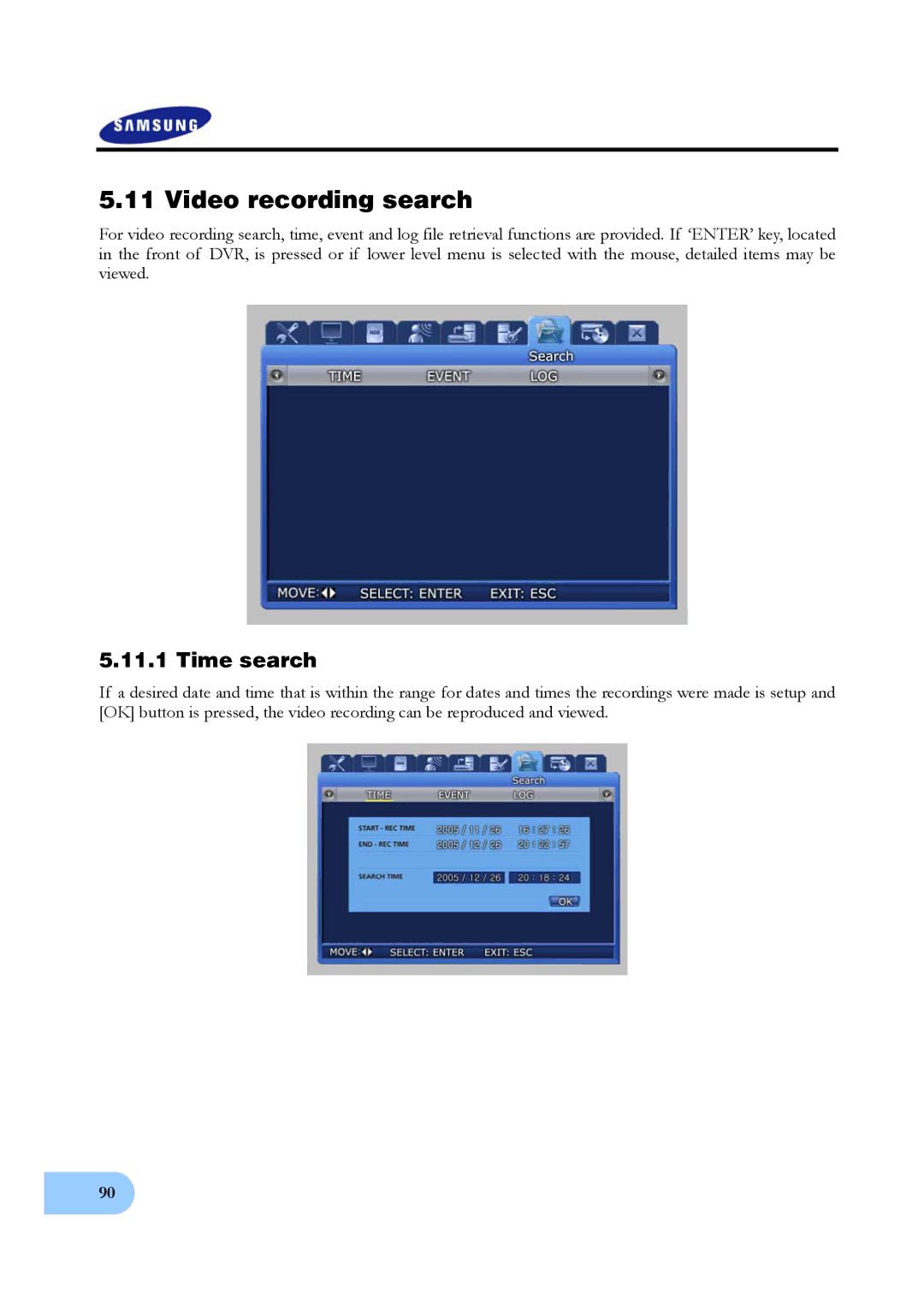 Samsung SVR-950, SVR-1640 user manual Video recording search, Time search 