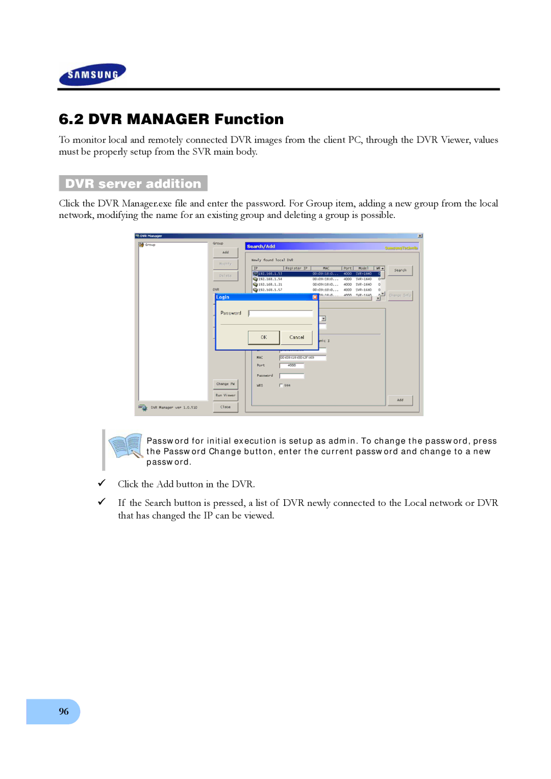 Samsung SVR-950, SVR-1640 user manual DVR Manager Function, DVR server addition 