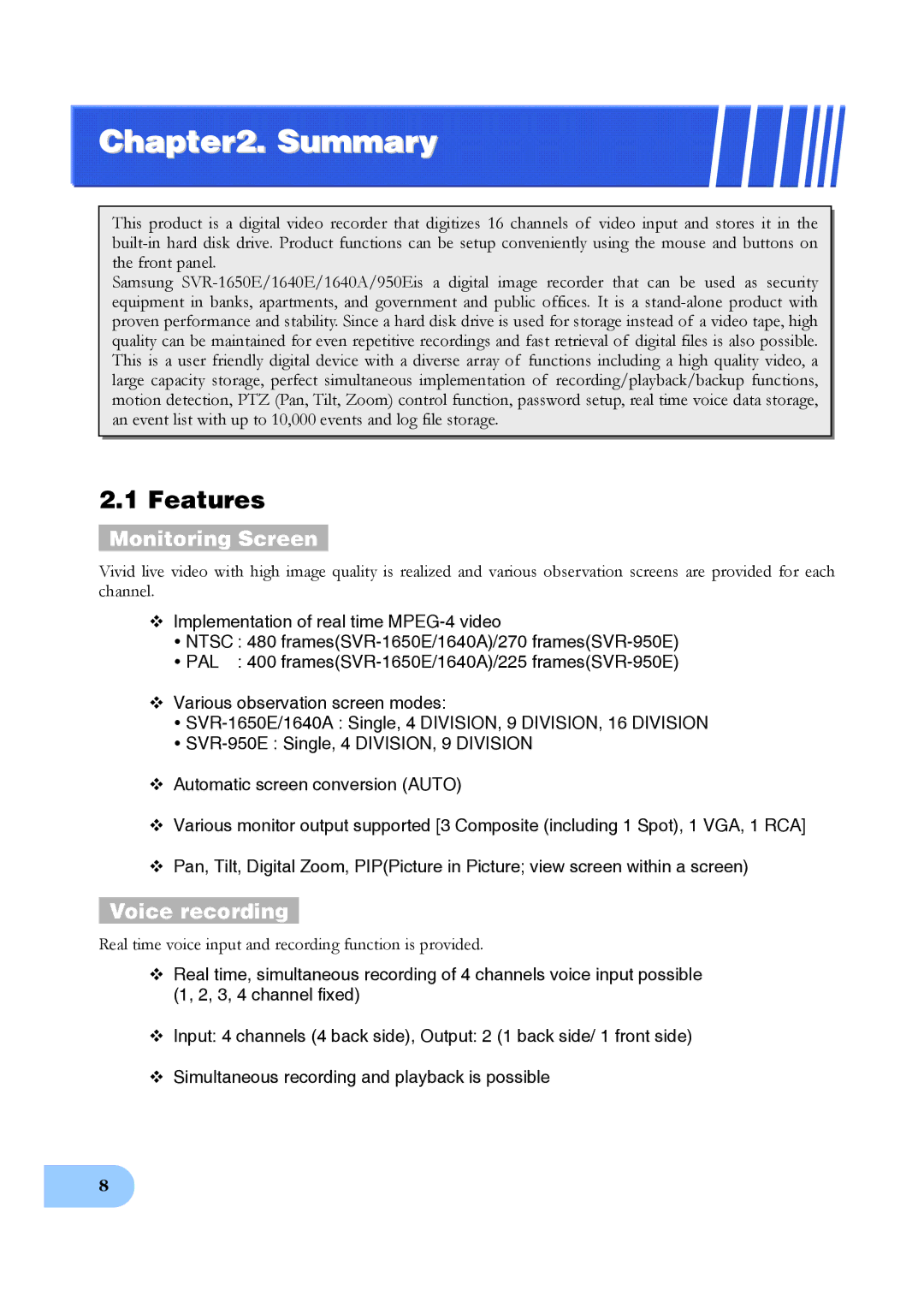 Samsung SVR-1650E, SVR-950E, SVR-1640A user manual Features, Monitoring Screen, Voice recording 