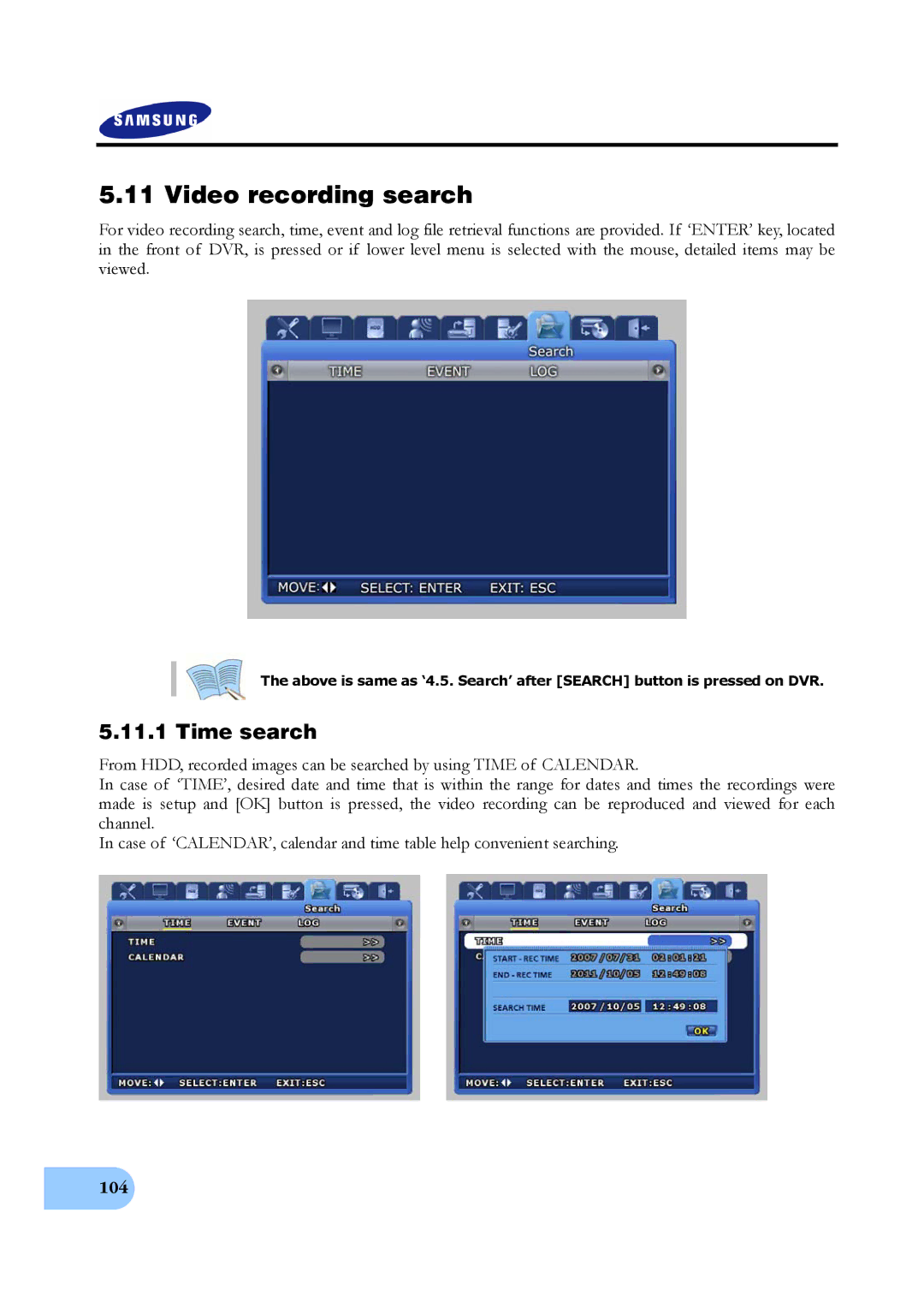 Samsung SVR-1650E, SVR-950E, SVR-1640A user manual Video recording search, 104 