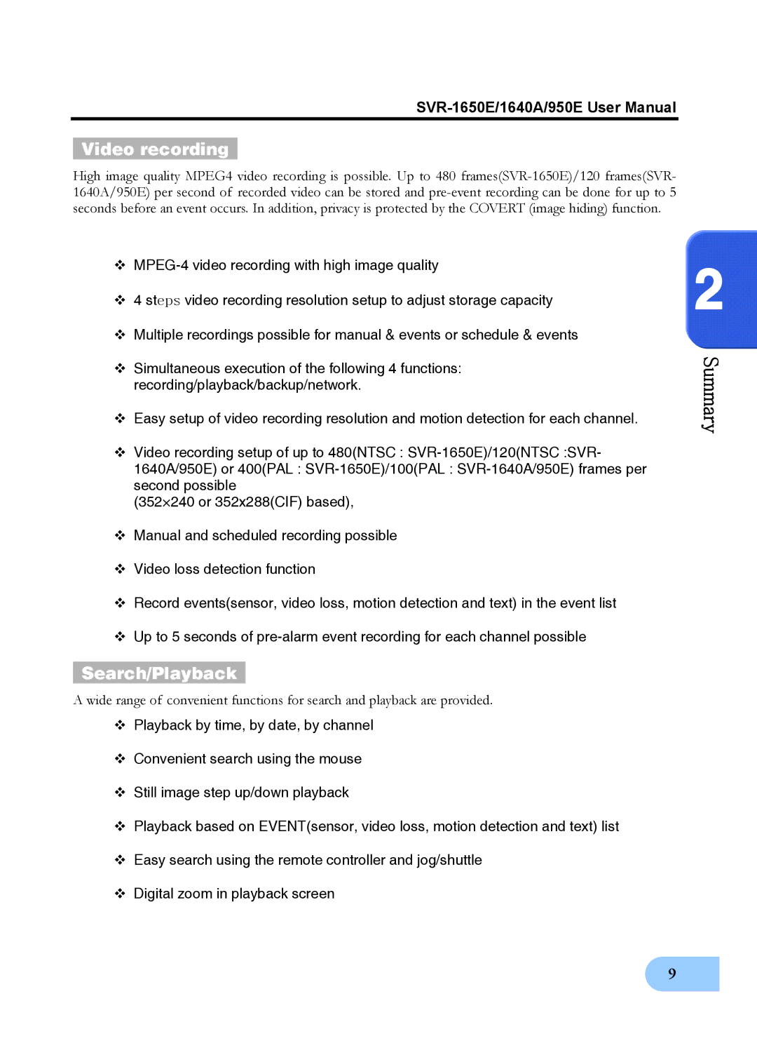 Samsung SVR-1640A, SVR-950E, SVR-1650E user manual Video recording, Search/Playback 