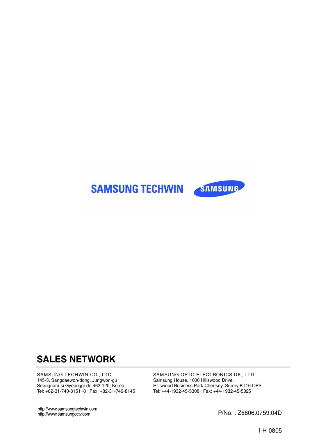 Samsung SVR-1640A, SVR-950E, SVR-1650E user manual Sales Network 