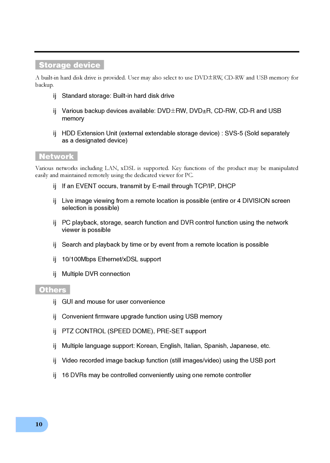 Samsung SVR-950E, SVR-1650E, SVR-1640A user manual Storage device, Network, Others 