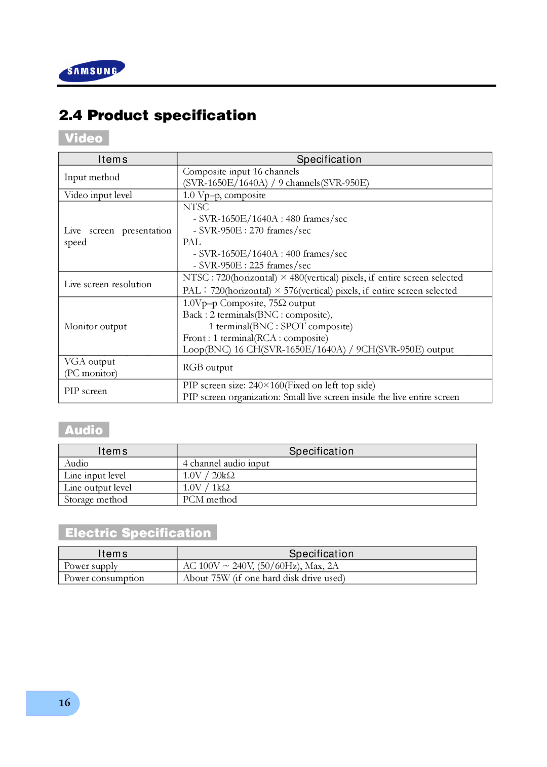 Samsung SVR-950E, SVR-1650E, SVR-1640A Product specification, Video, Audio, Electric Specification, Items Specification 