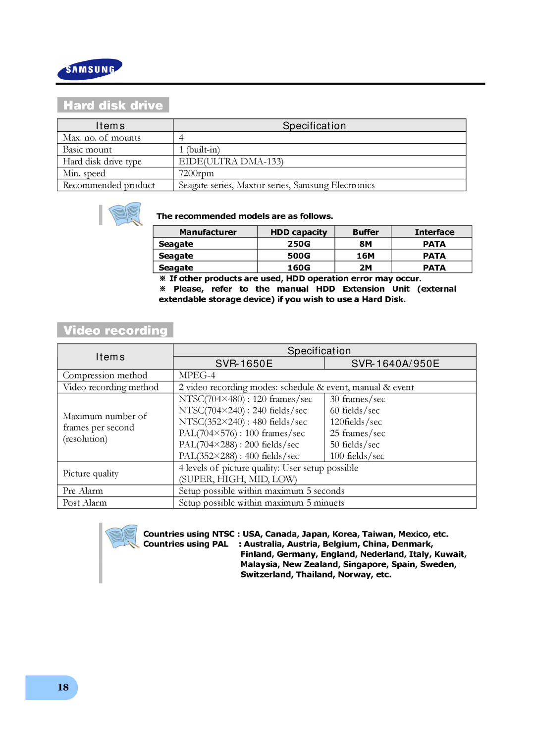 Samsung Hard disk drive, Eideultra DMA-133, Items Specification SVR-1650E SVR-1640A/950E, MPEG-4, Super, High, Mid, Low 