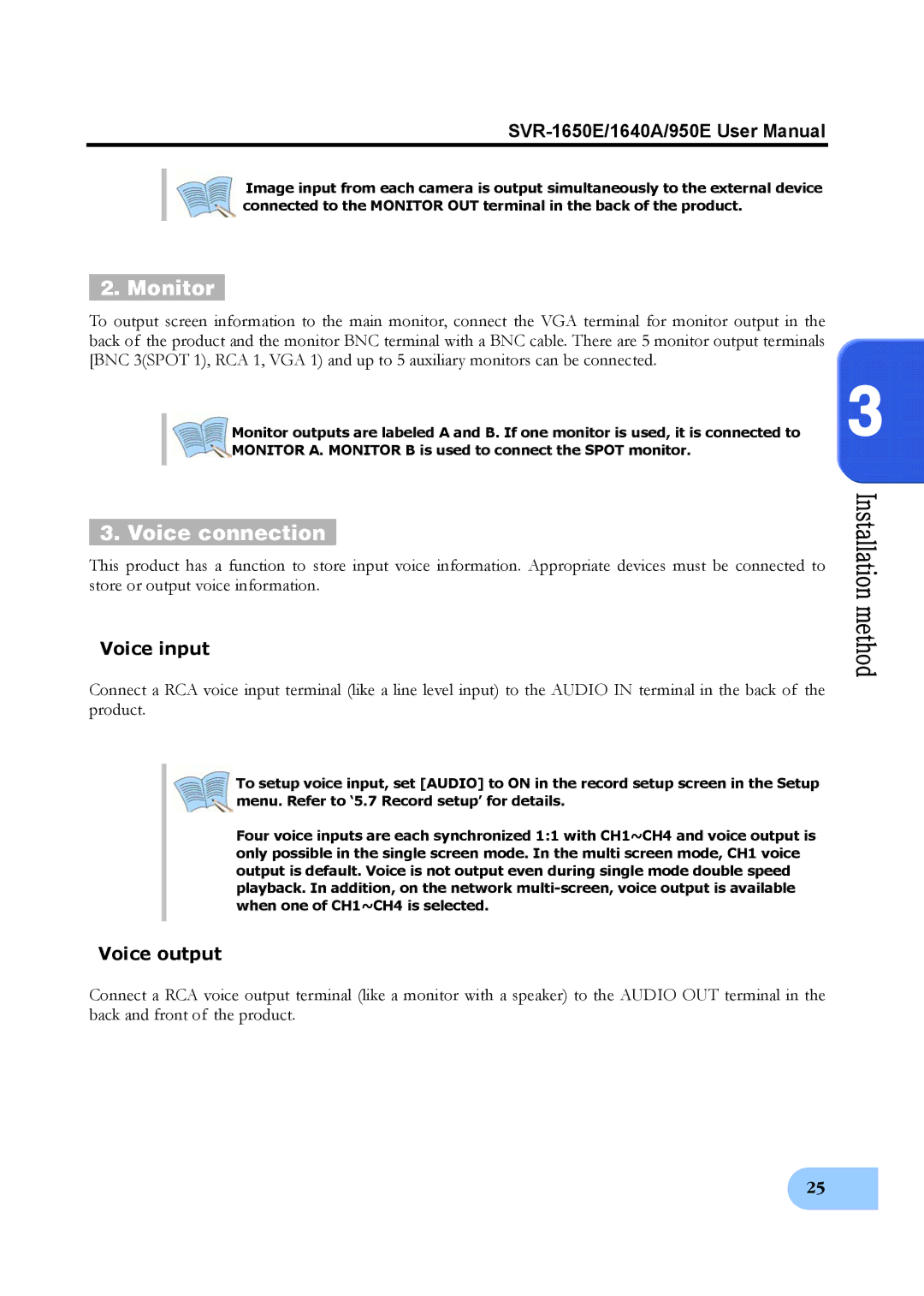 Samsung SVR-950E, SVR-1650E, SVR-1640A user manual Monitor, Voice connection 