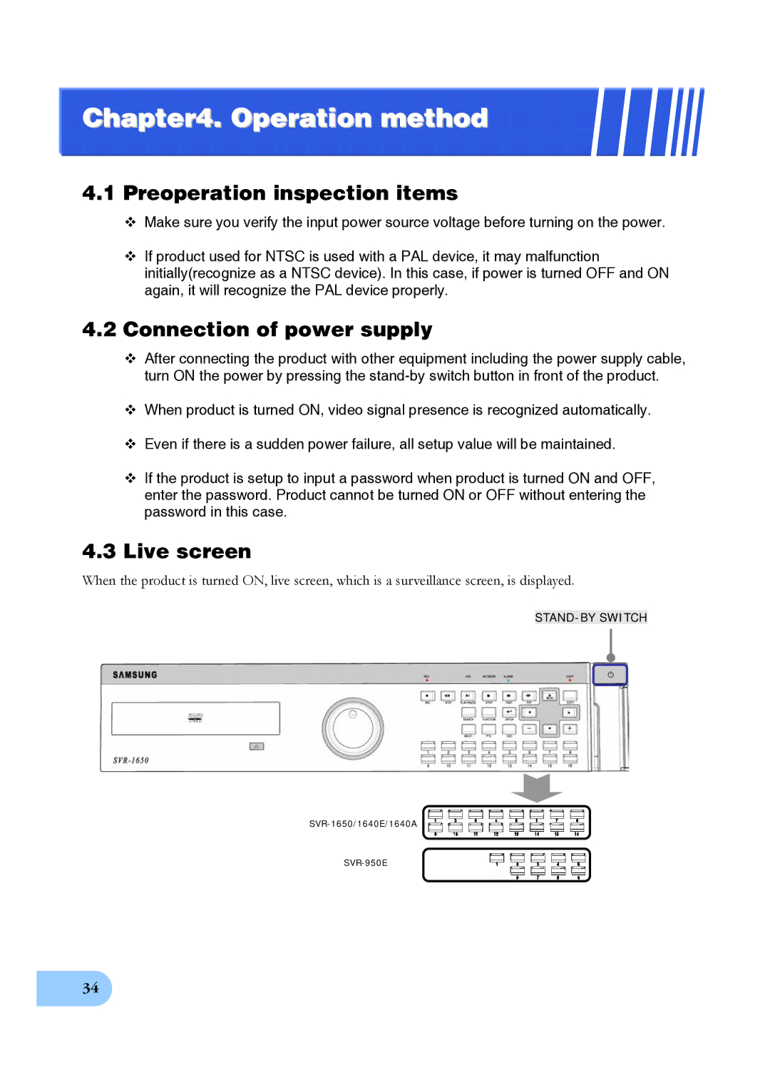 Samsung SVR-950E, SVR-1650E, SVR-1640A user manual Preoperation inspection items, Connection of power supply, Live screen 