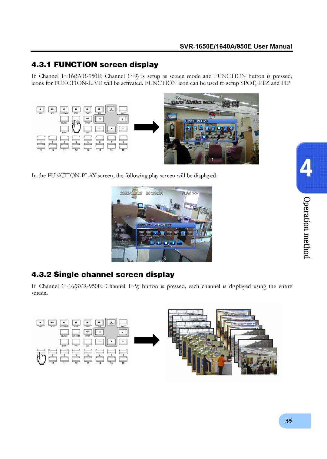 Samsung SVR-1650E, SVR-950E, SVR-1640A user manual Function screen display, Single channel screen display 