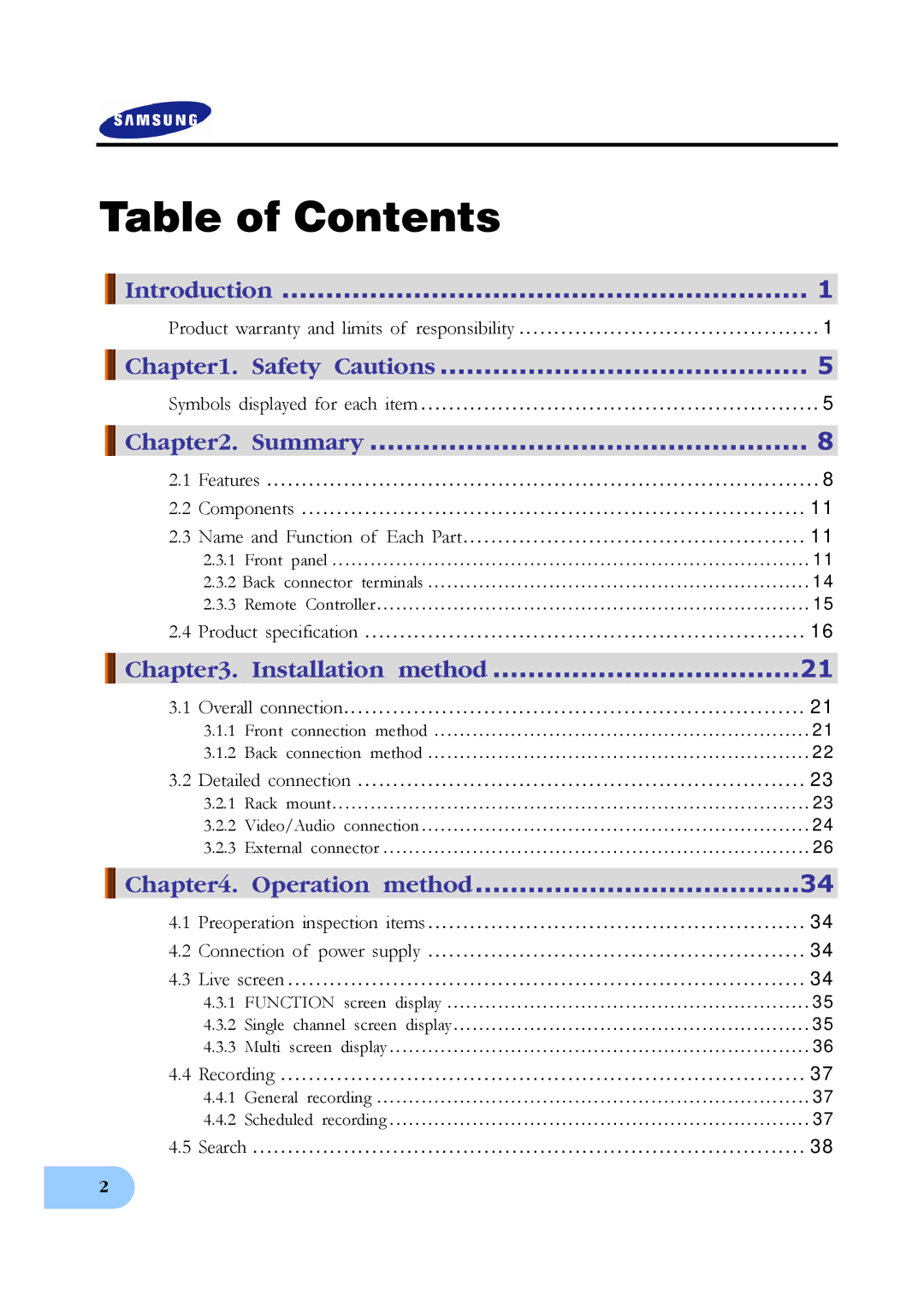 Samsung SVR-1650E, SVR-950E, SVR-1640A user manual Table of Contents 