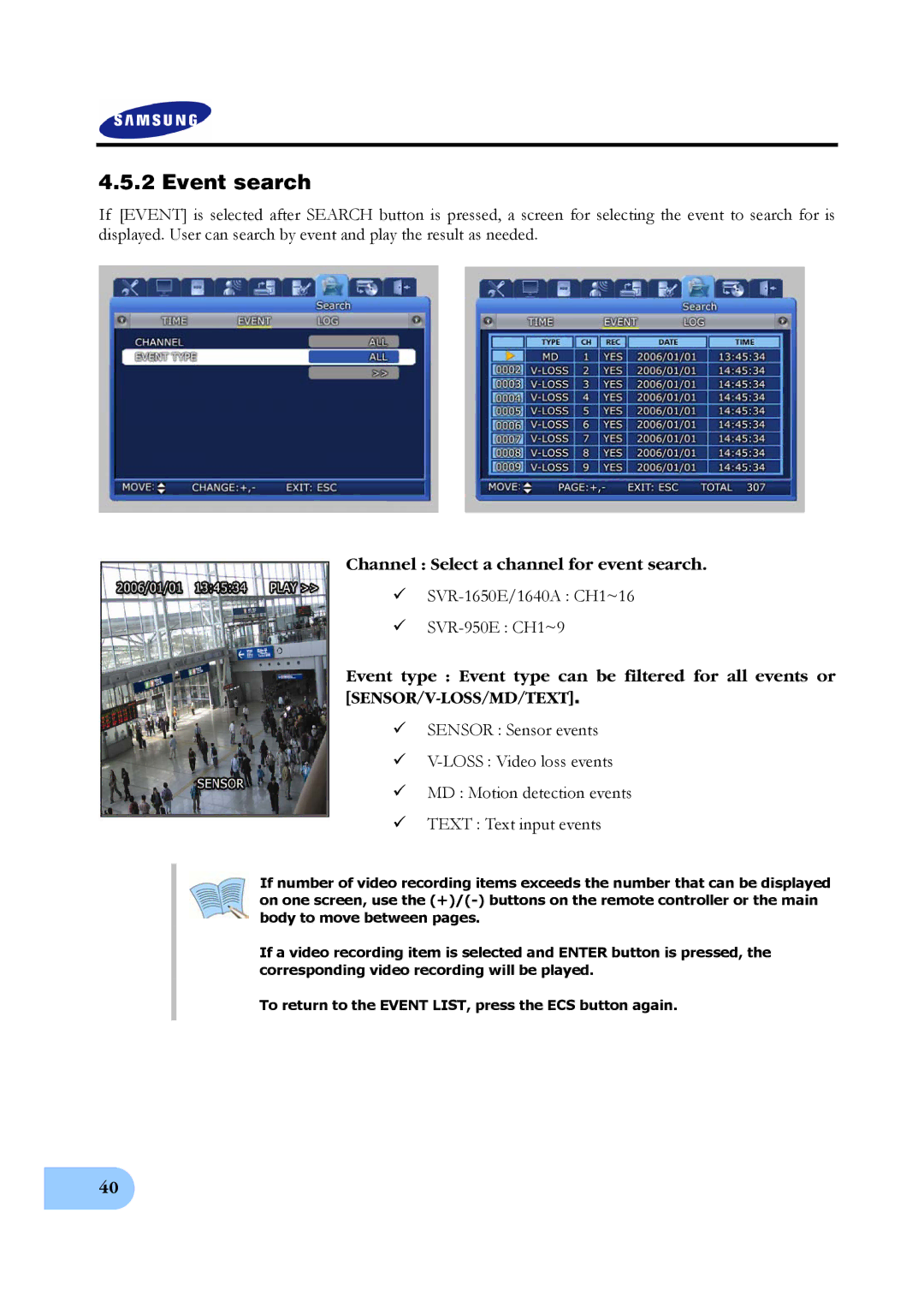 Samsung SVR-950E, SVR-1650E, SVR-1640A user manual Event search 