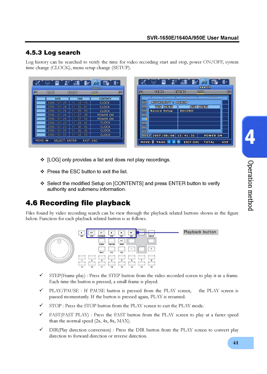 Samsung SVR-1650E, SVR-950E, SVR-1640A user manual Recording file playback, Log search 