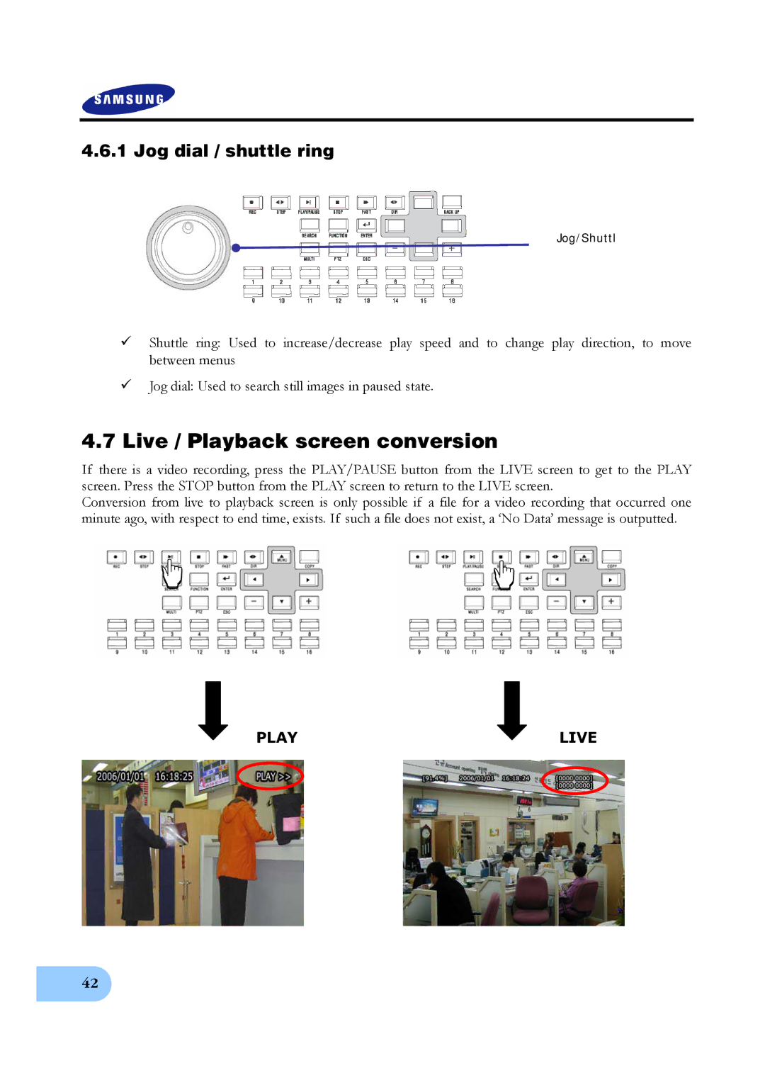 Samsung SVR-1640A, SVR-950E, SVR-1650E user manual Live / Playback screen conversion, Jog dial / shuttle ring 