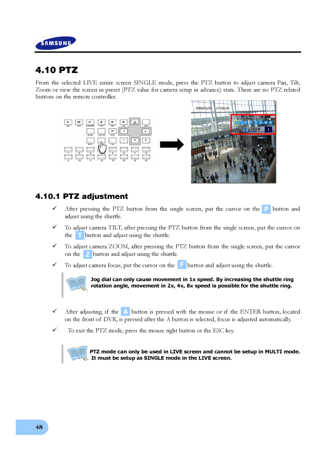 Samsung SVR-1640A, SVR-950E, SVR-1650E user manual 10 PTZ, PTZ adjustment 