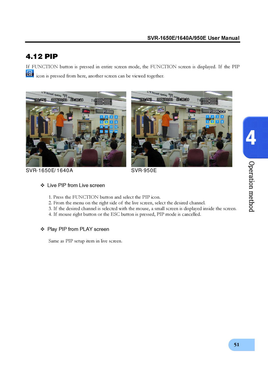 Samsung SVR-1640A user manual 12 PIP, SVR-1650E/1640ASVR-950E 