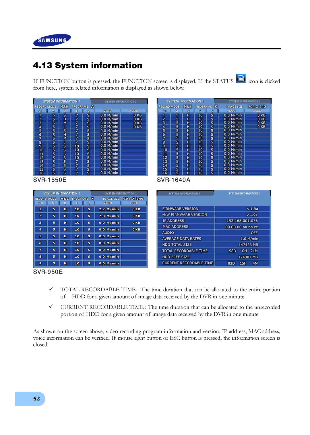 Samsung user manual System information, SVR-1650E SVR-1640A SVR-950E 