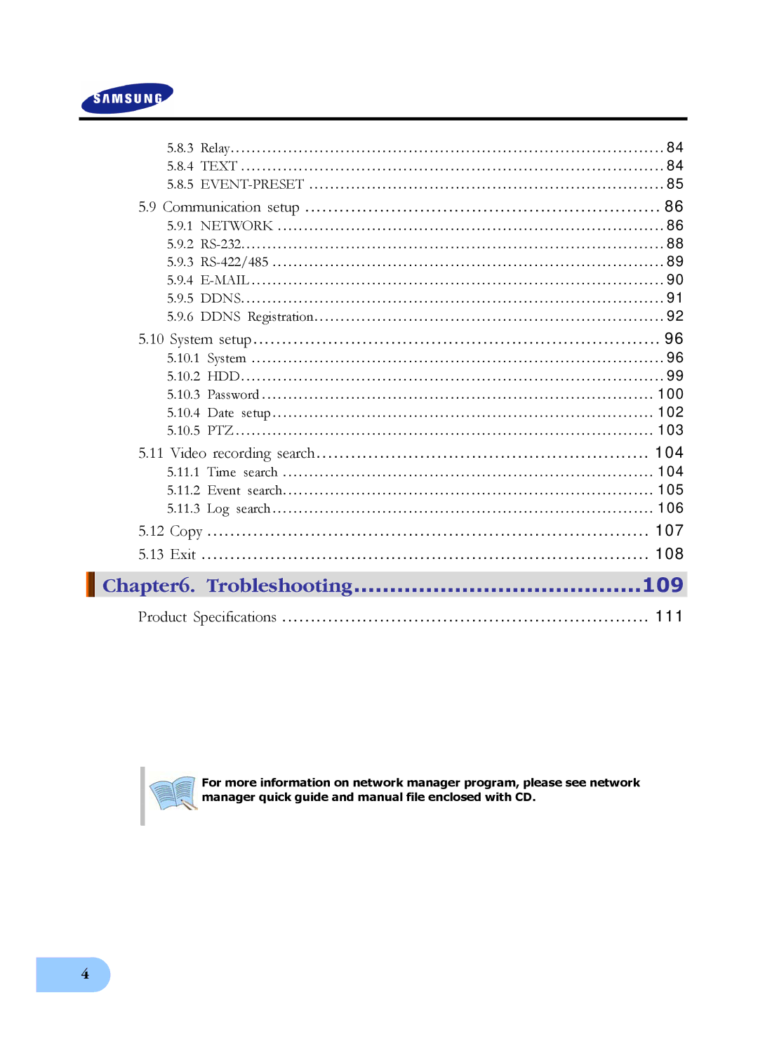 Samsung SVR-950E, SVR-1650E, SVR-1640A user manual Text, Network, Mail Ddns, 10.2 HDD, 100, 102, PTZ 103, 104, 105, 106 