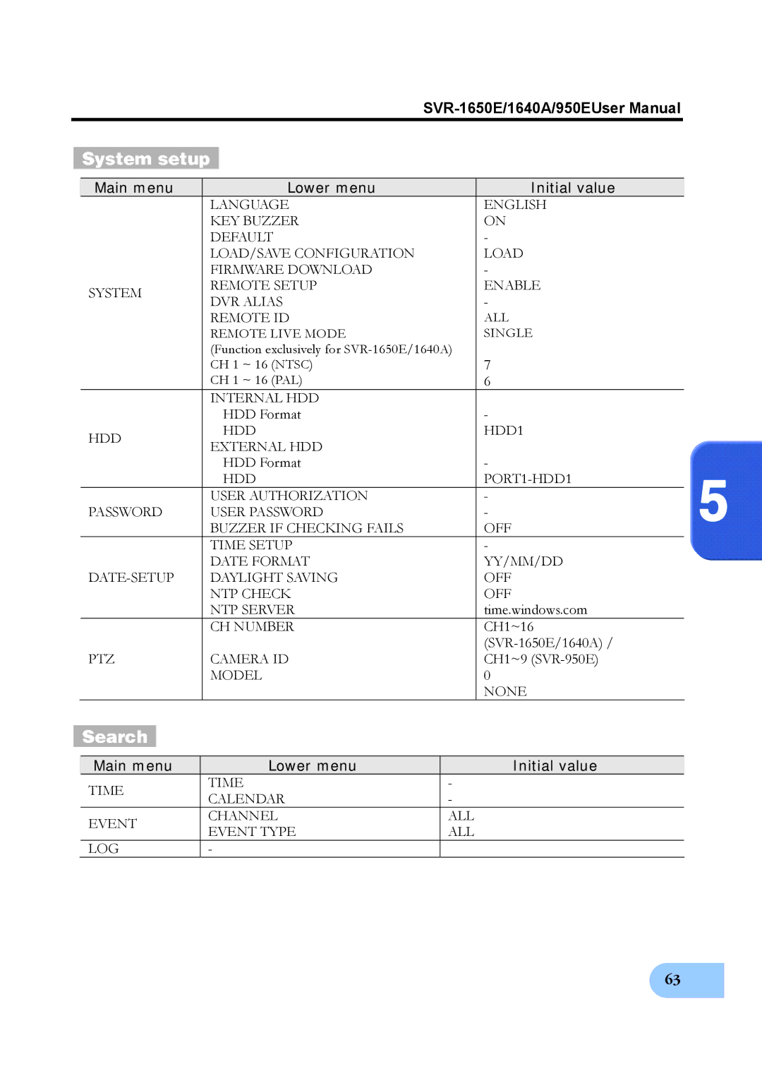 Samsung SVR-1640A, SVR-950E, SVR-1650E user manual System setup, Search 