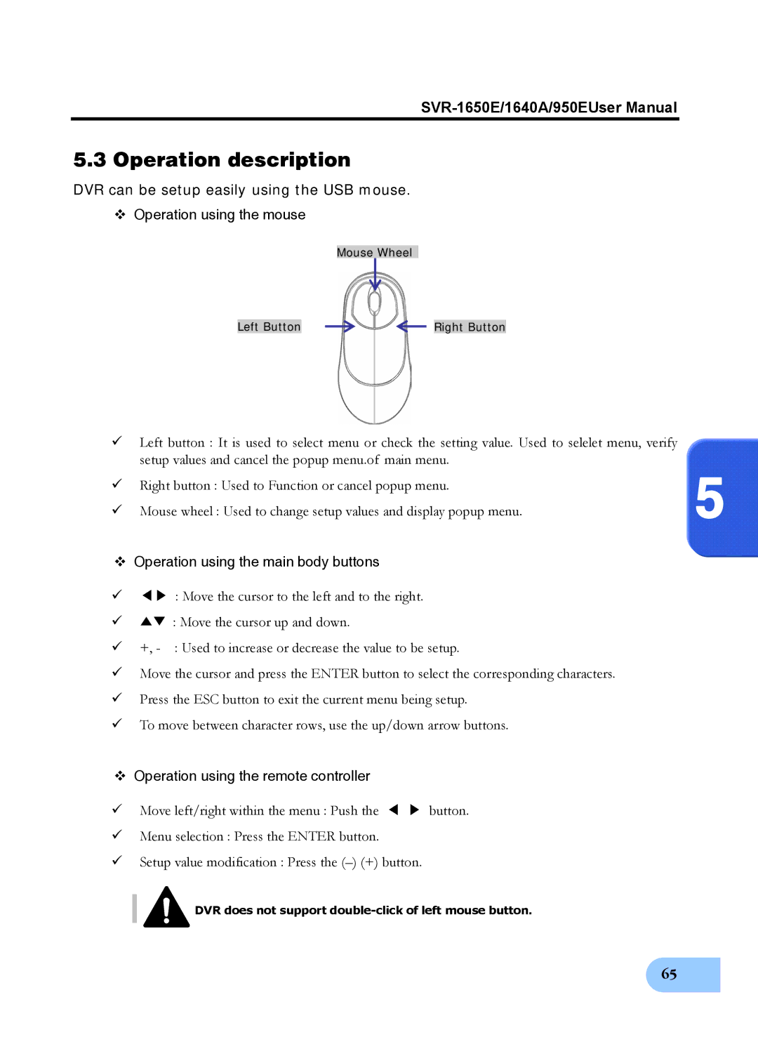 Samsung SVR-1650E, SVR-950E, SVR-1640A user manual Operation description, DVR can be setup easily using the USB mouse 