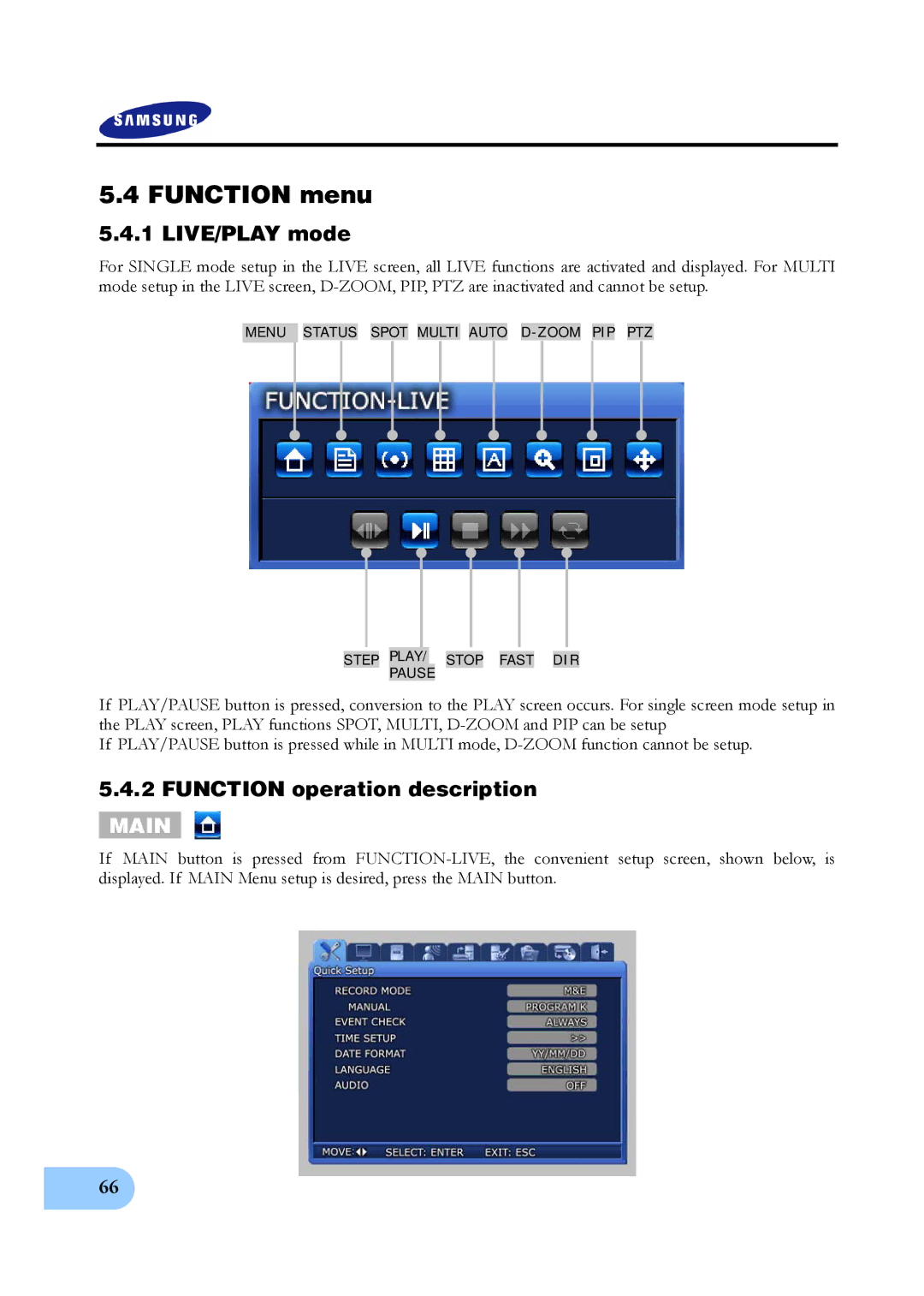 Samsung SVR-1640A, SVR-950E, SVR-1650E user manual Function menu, LIVE/PLAY mode, Function operation description 