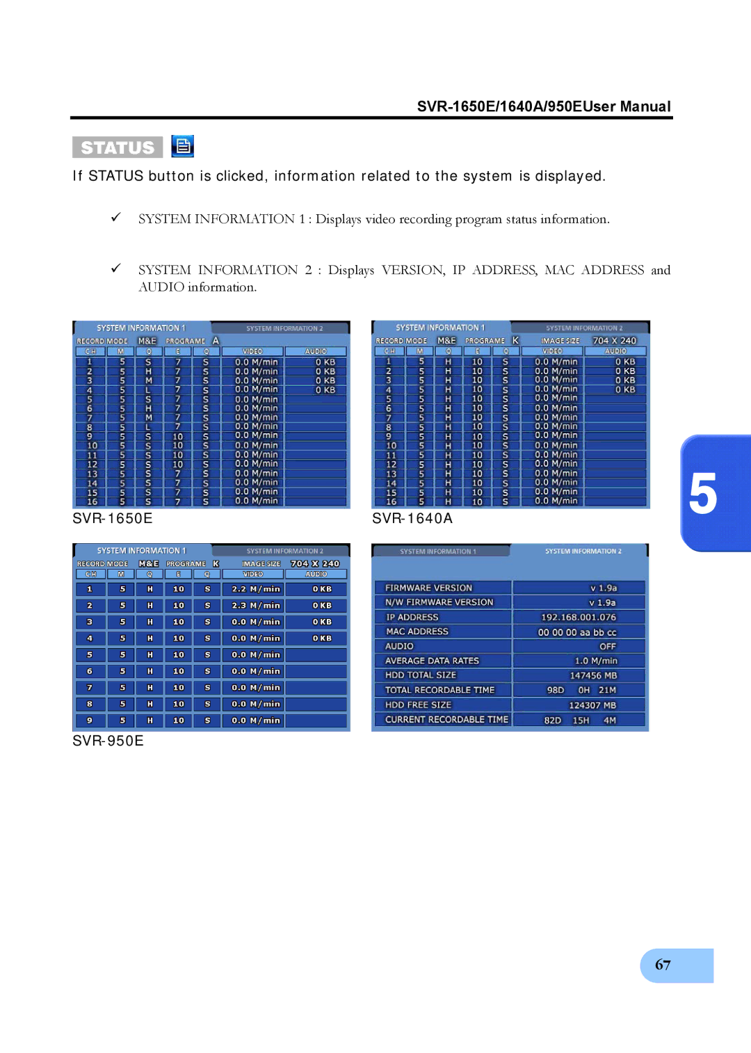 Samsung SVR-950E, SVR-1650E, SVR-1640A user manual Status 