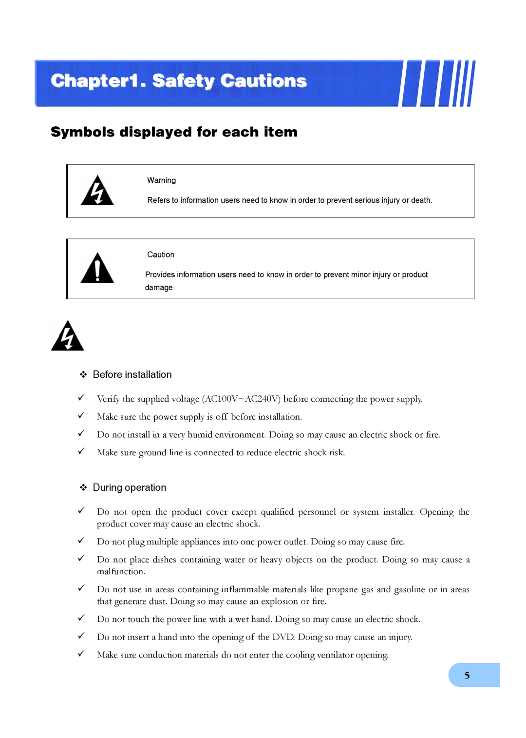 Samsung SVR-1650E, SVR-950E, SVR-1640A user manual Safety Cautions, Symbols displayed for each item 