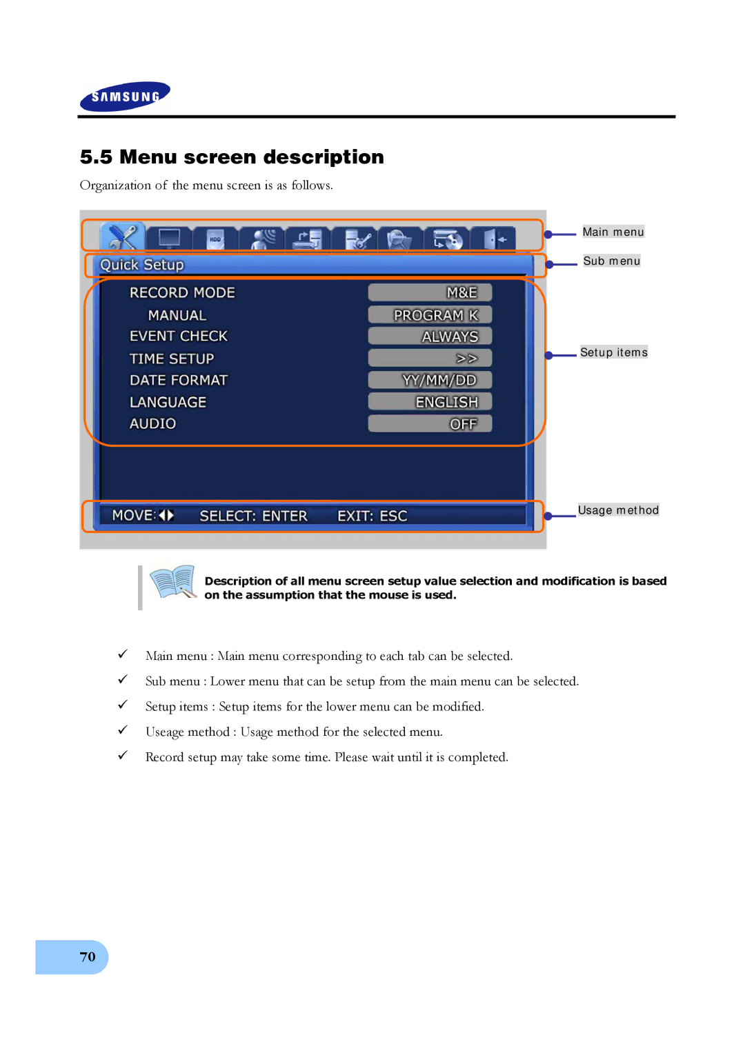 Samsung SVR-950E, SVR-1650E, SVR-1640A user manual Menu screen description, Organization of the menu screen is as follows 