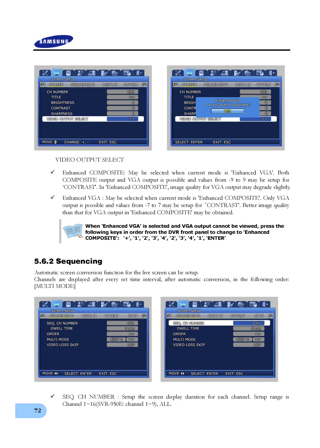 Samsung SVR-1640A, SVR-950E, SVR-1650E user manual Sequencing, Video Output Select 