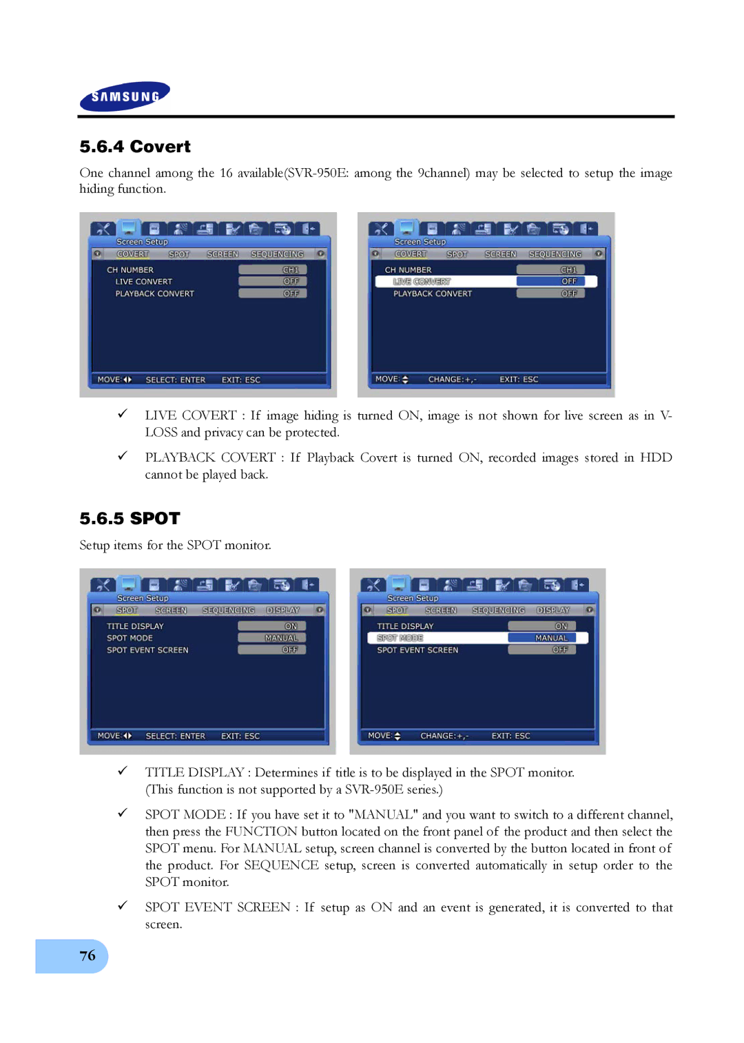 Samsung SVR-950E, SVR-1650E, SVR-1640A user manual Covert, Spot 