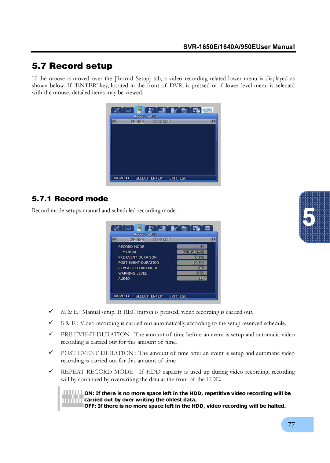 Samsung SVR-1650E, SVR-950E, SVR-1640A user manual Record setup, Record mode 