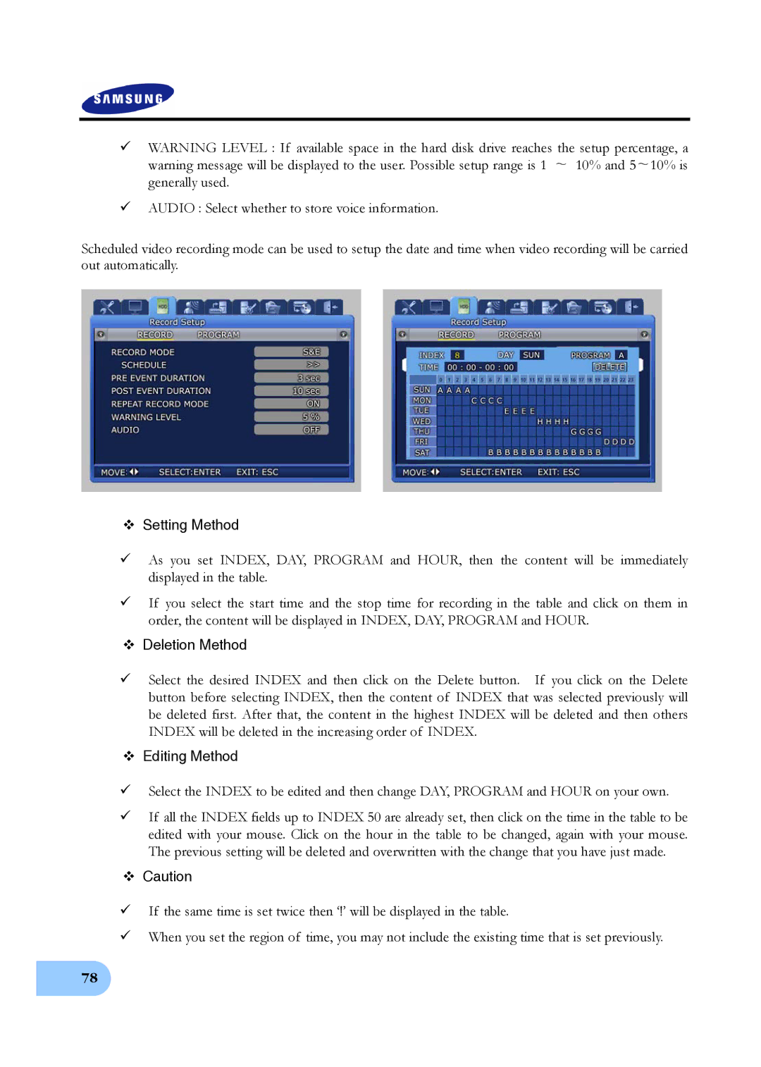 Samsung SVR-1640A, SVR-950E, SVR-1650E user manual ™ Setting Method 