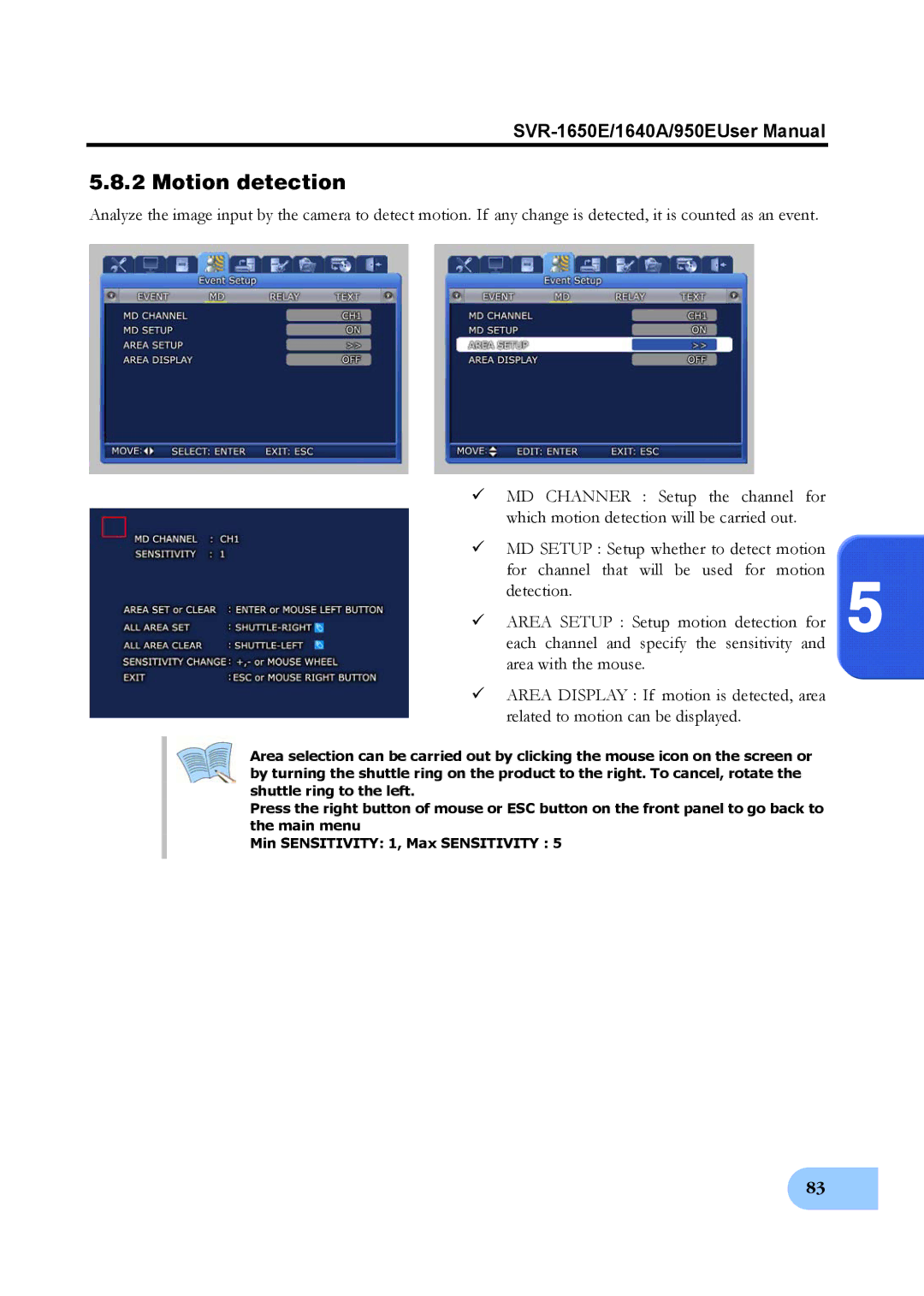 Samsung SVR-1650E, SVR-950E, SVR-1640A user manual Motion detection 