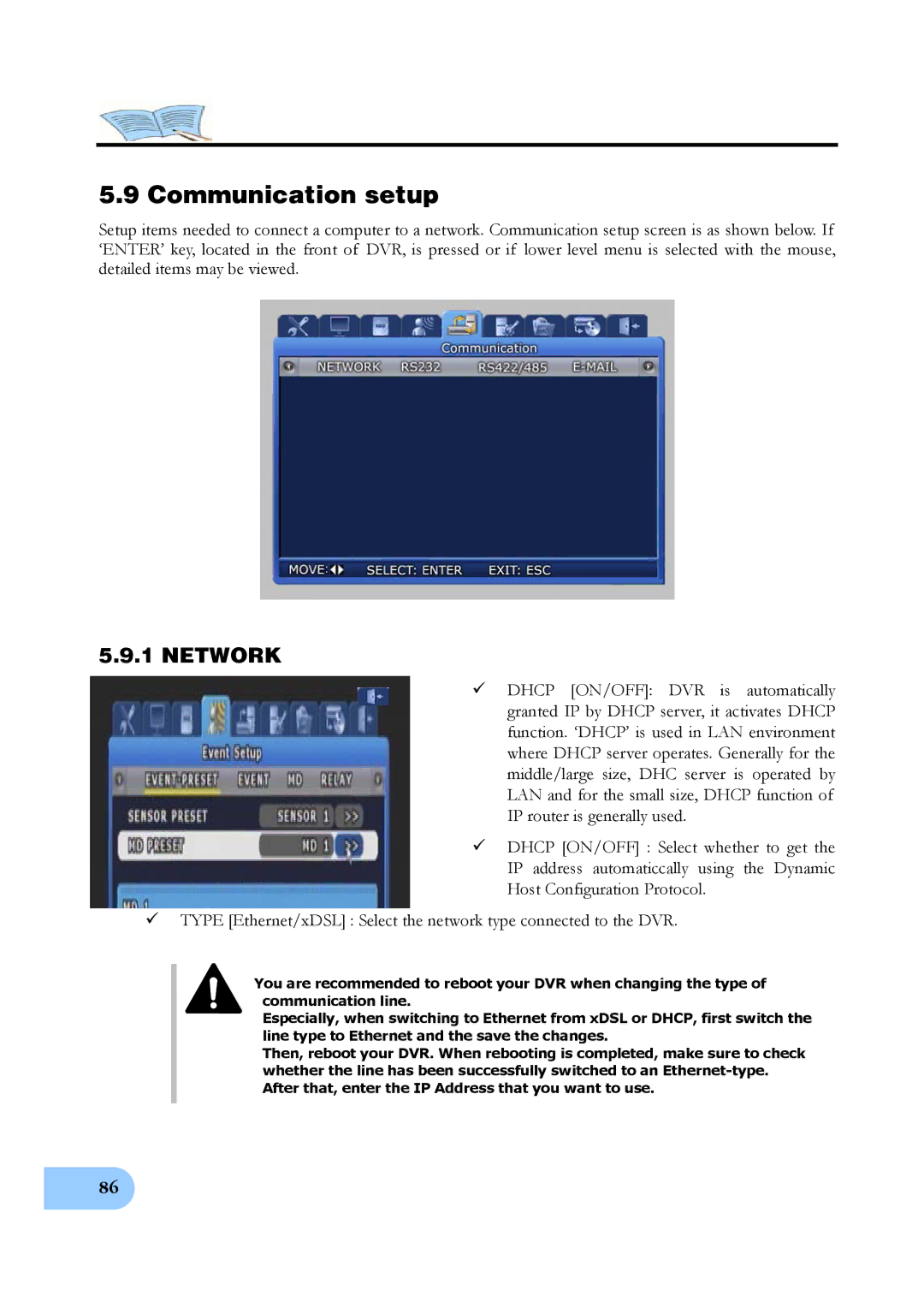 Samsung SVR-1650E, SVR-950E, SVR-1640A user manual Communication setup, Network 