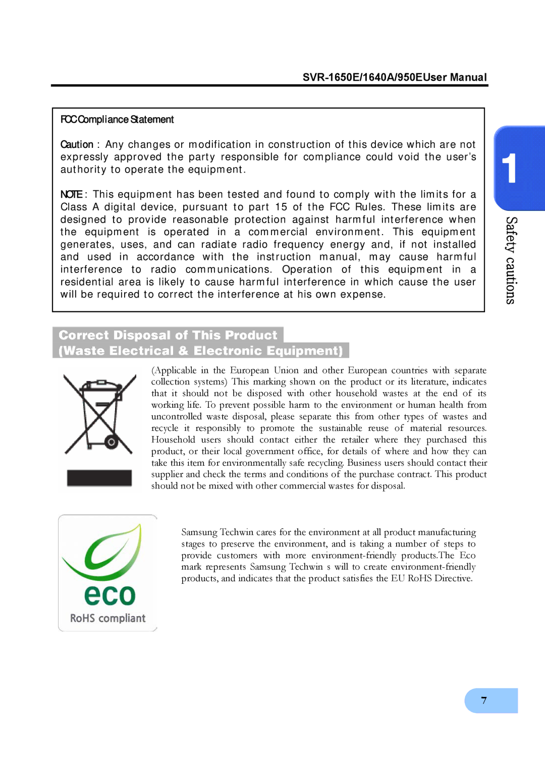 Samsung SVR-950E, SVR-1650E, SVR-1640A user manual FCC Compliance Statement 