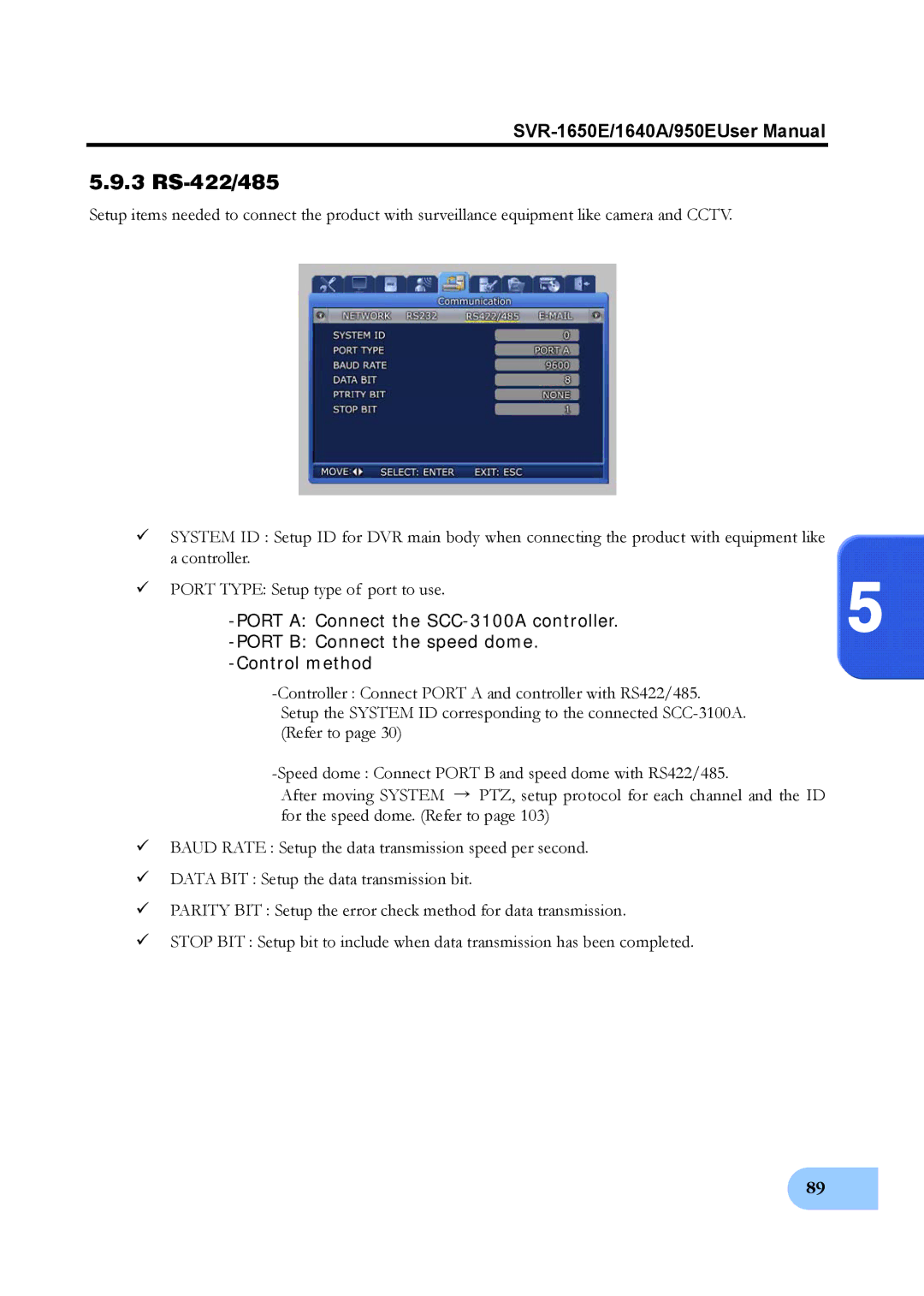 Samsung SVR-1650E 3 RS-422/485, Port a Connect the SCC-3100A controller, Port B Connect the speed dome Control method 