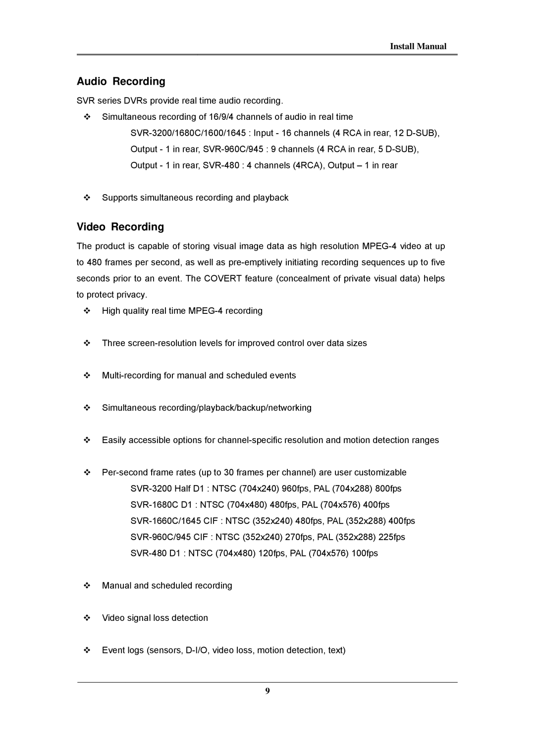 Samsung SVR-3200, SVR-960C, SVR-945, SVR-480, SVR-1680C, SVR-1660C, SVR-1645 install manual Audio Recording, Video Recording 