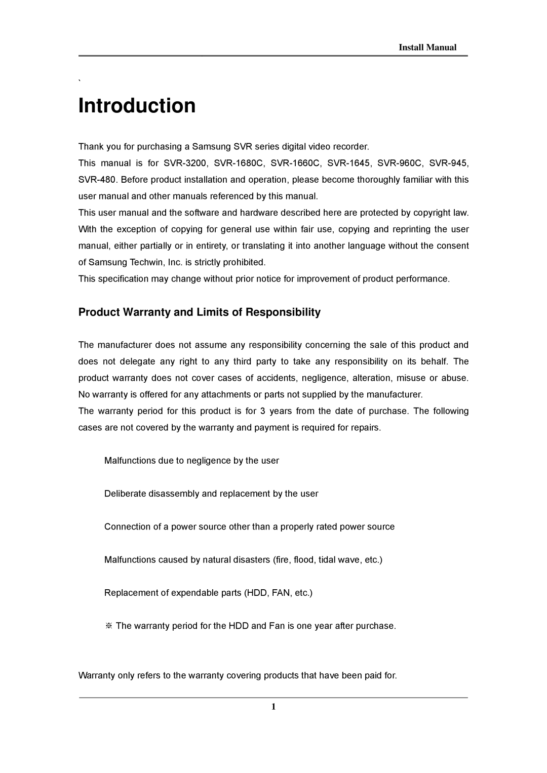 Samsung SVR-480, SVR-960C, SVR-945, SVR-3200, SVR-1680C, SVR-1660C Introduction, Product Warranty and Limits of Responsibility 