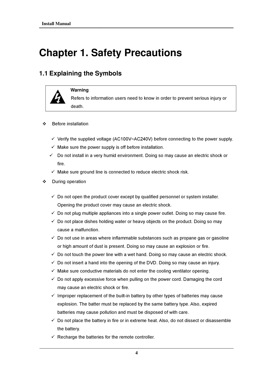 Samsung SVR-1660C, SVR-960C, SVR-945, SVR-480, SVR-3200, SVR-1680C, SVR-1645 install manual Safety Precautions 