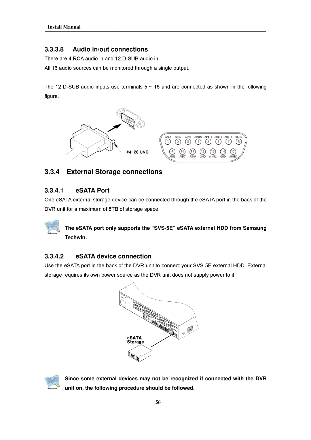 Samsung SVR-945, SVR-960C External Storage connections, Audio in/out connections, ESATA Port, ESATA device connection 