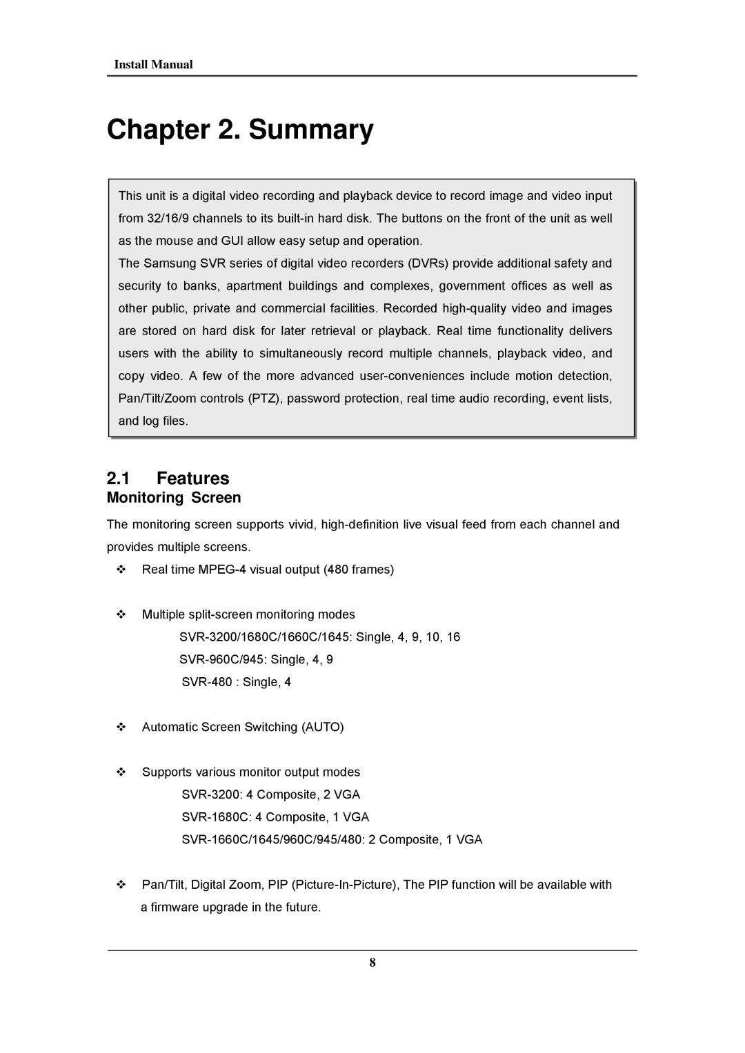 Samsung SVR-480, SVR-960C, SVR-945, SVR-3200, SVR-1680C, SVR-1660C, SVR-1645 install manual Summary, Monitoring Screen 