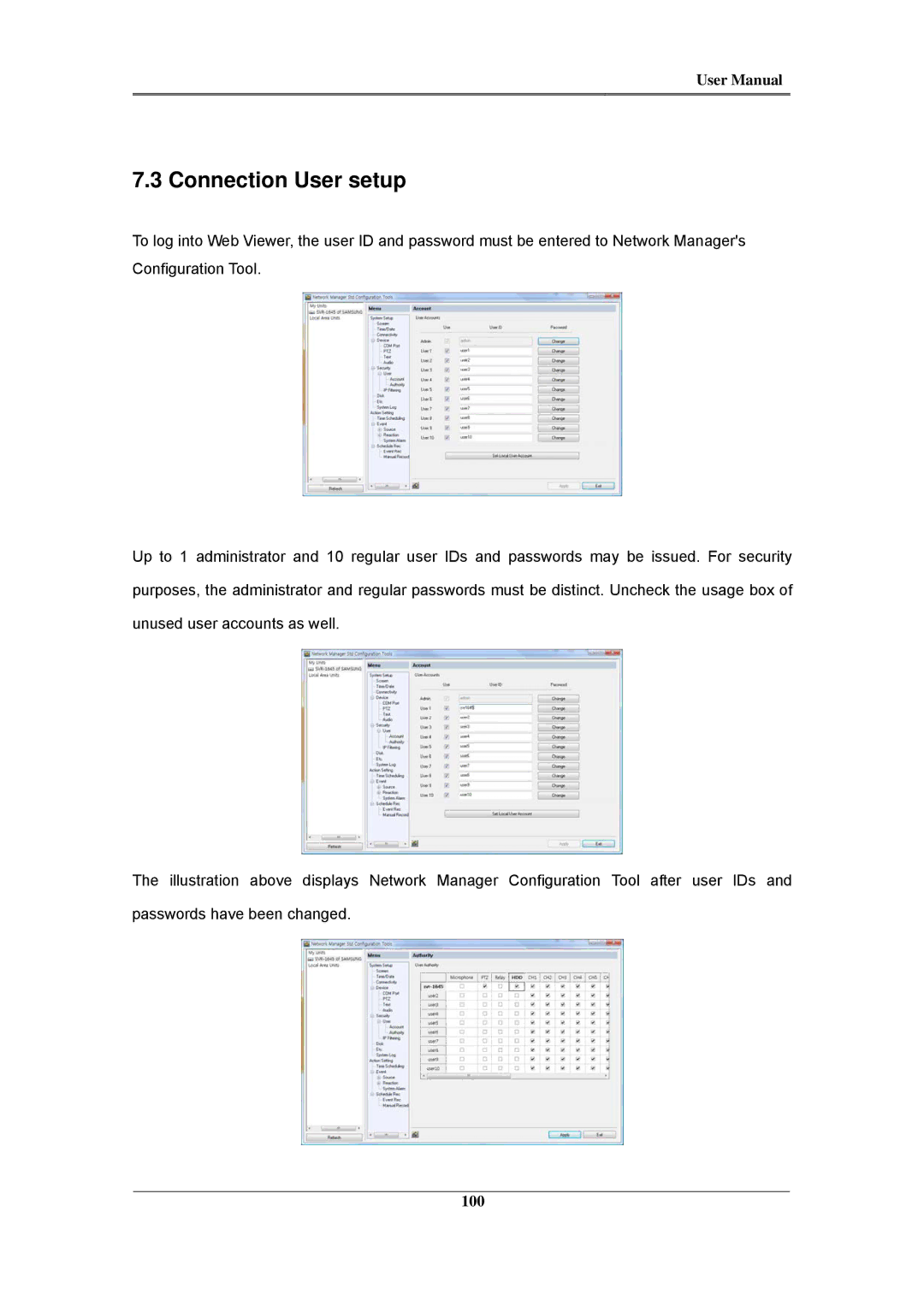 Samsung SVR-3200, SVR-960C, SVR-945, SVR-480, SVR-1680C, SVR-1660C, SVR-1645 user manual Connection User setup, 100 