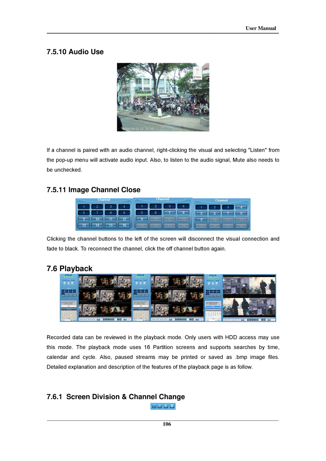 Samsung SVR-480, SVR-960C, SVR-945, SVR-3200 Playback, Audio Use, Image Channel Close, Screen Division & Channel Change 