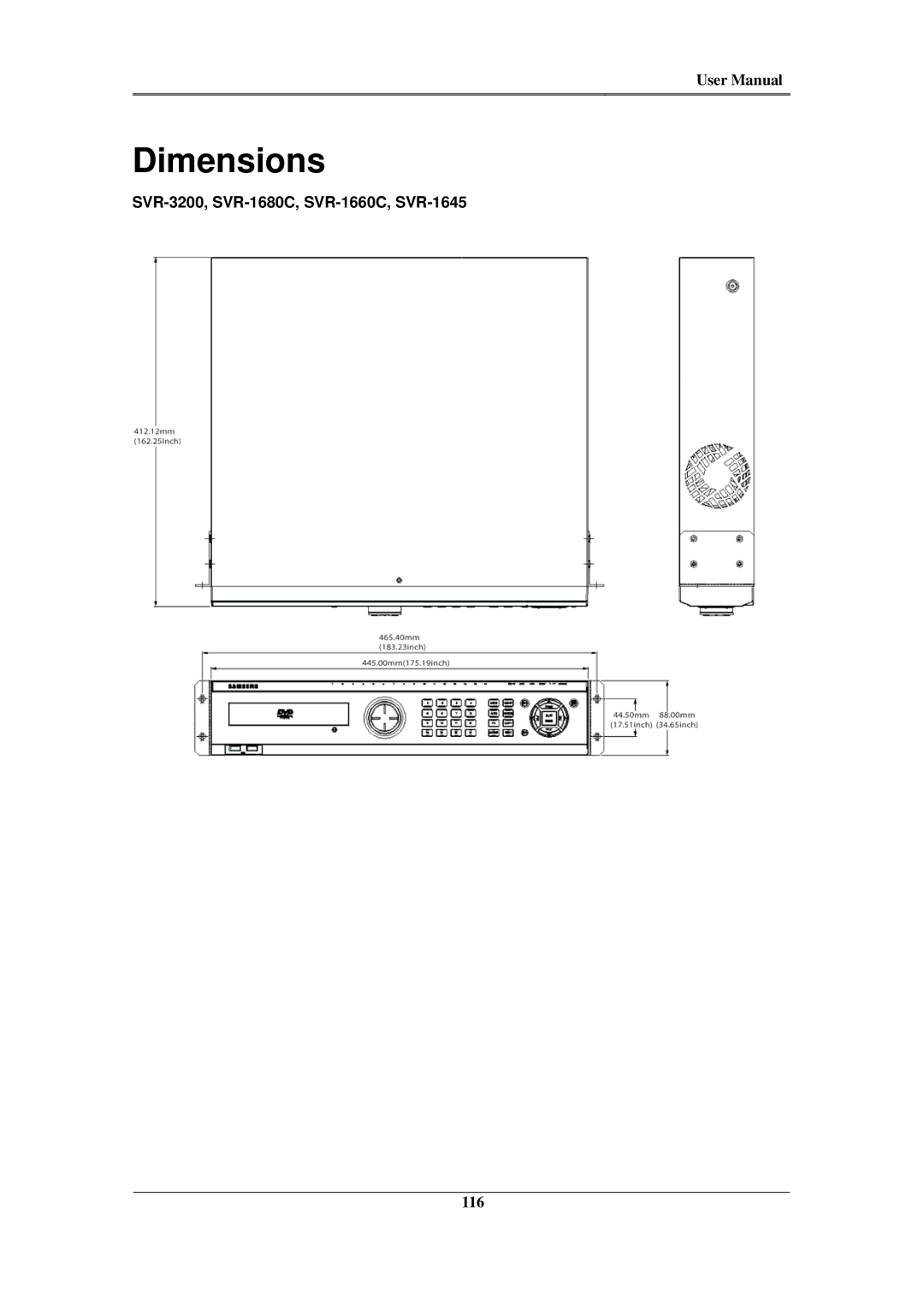 Samsung SVR-960C, SVR-945, SVR-480 user manual Dimensions, SVR-3200, SVR-1680C, SVR-1660C, SVR-1645 